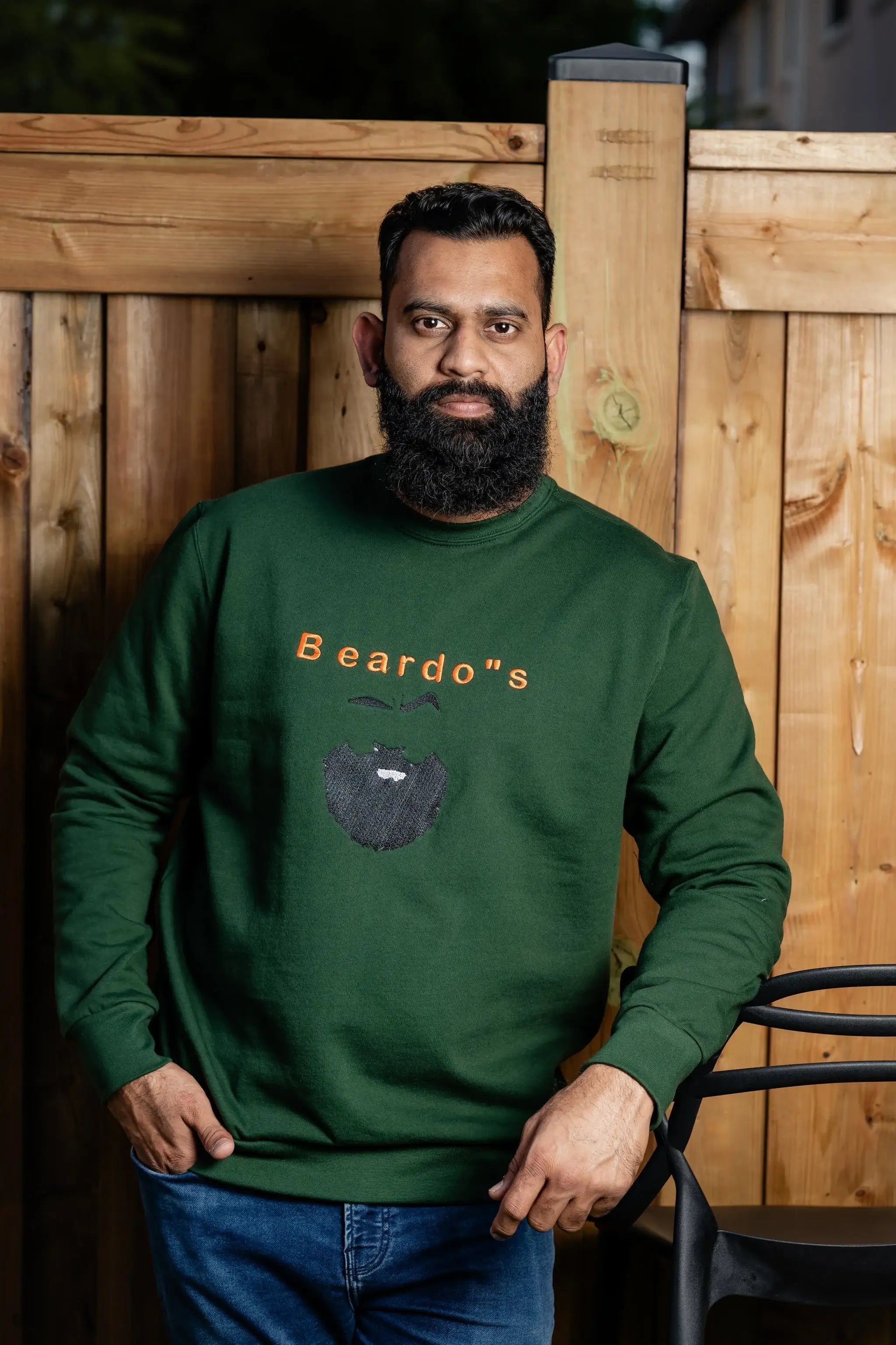 Beardos embroidered sweatshirt by TURTLEGROOVE – model wearing, forest green