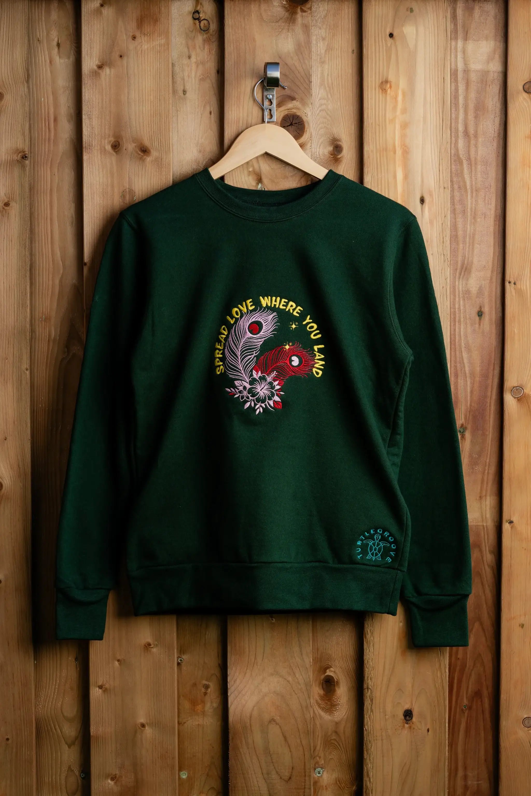 SpreadLove embroidered sweatshirt by TURTLEGROOVE – front view, forest green