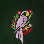 BloomParrot embroidered sweatshirt by TURTLEGROOVE – embroidery close-up detail, forest green