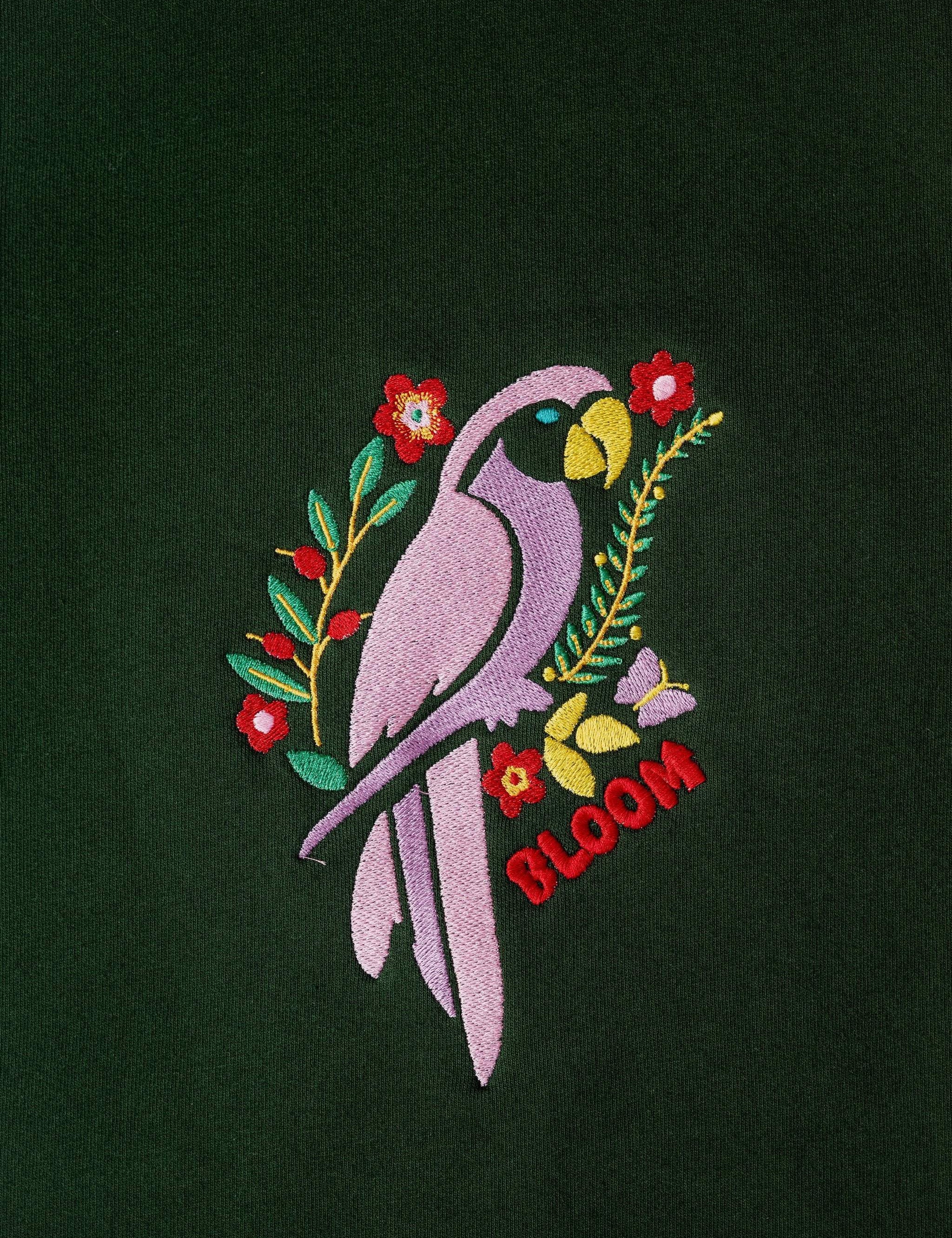 BloomParrot embroidered sweatshirt by TURTLEGROOVE – embroidery close-up detail, forest green