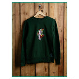 Bloom Parrot embroidered sweatshirt by TURTLEGROOVE – feature highlights, organic cotton, Made in Canada