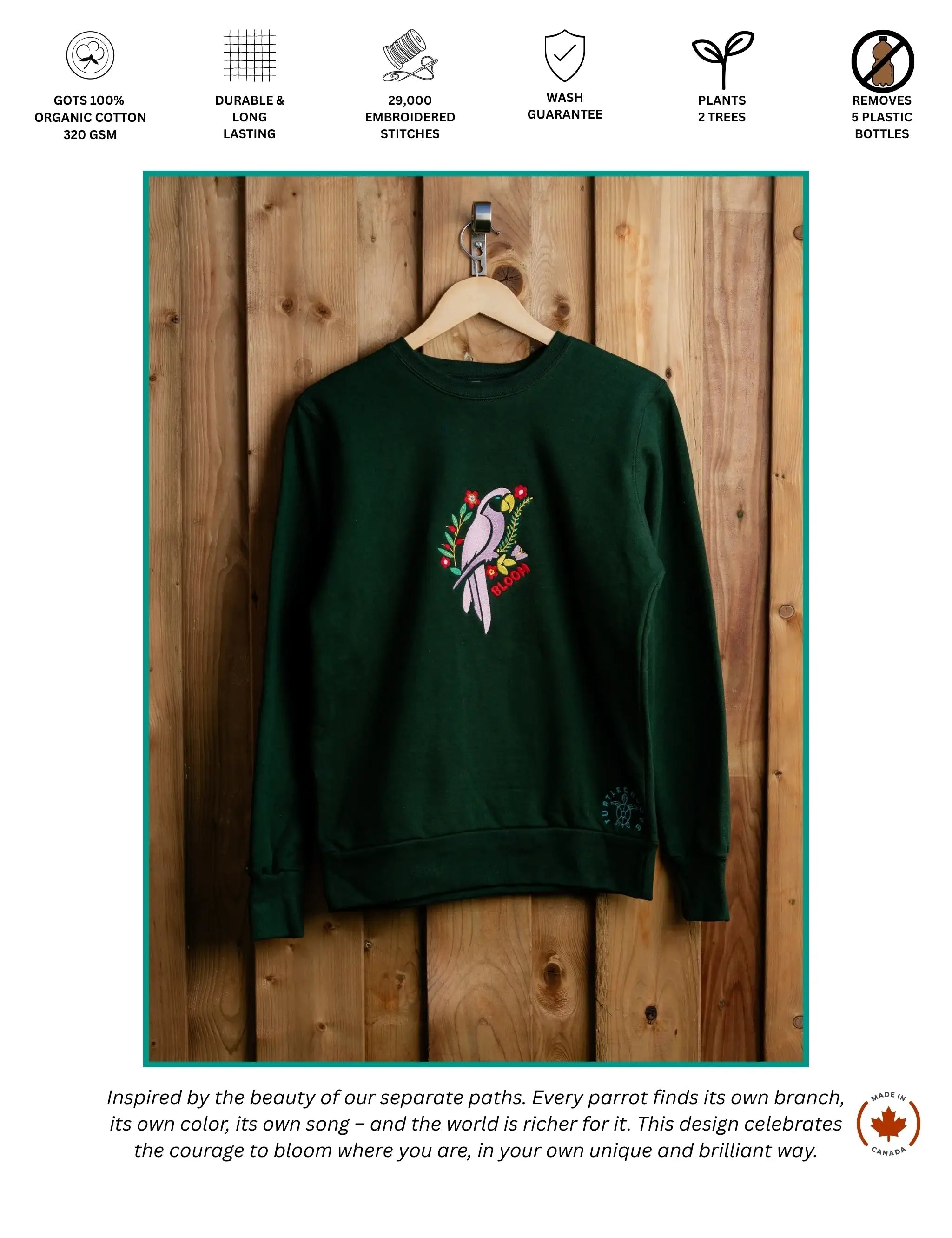 Bloom Parrot embroidered sweatshirt by TURTLEGROOVE – feature highlights, organic cotton, Made in Canada