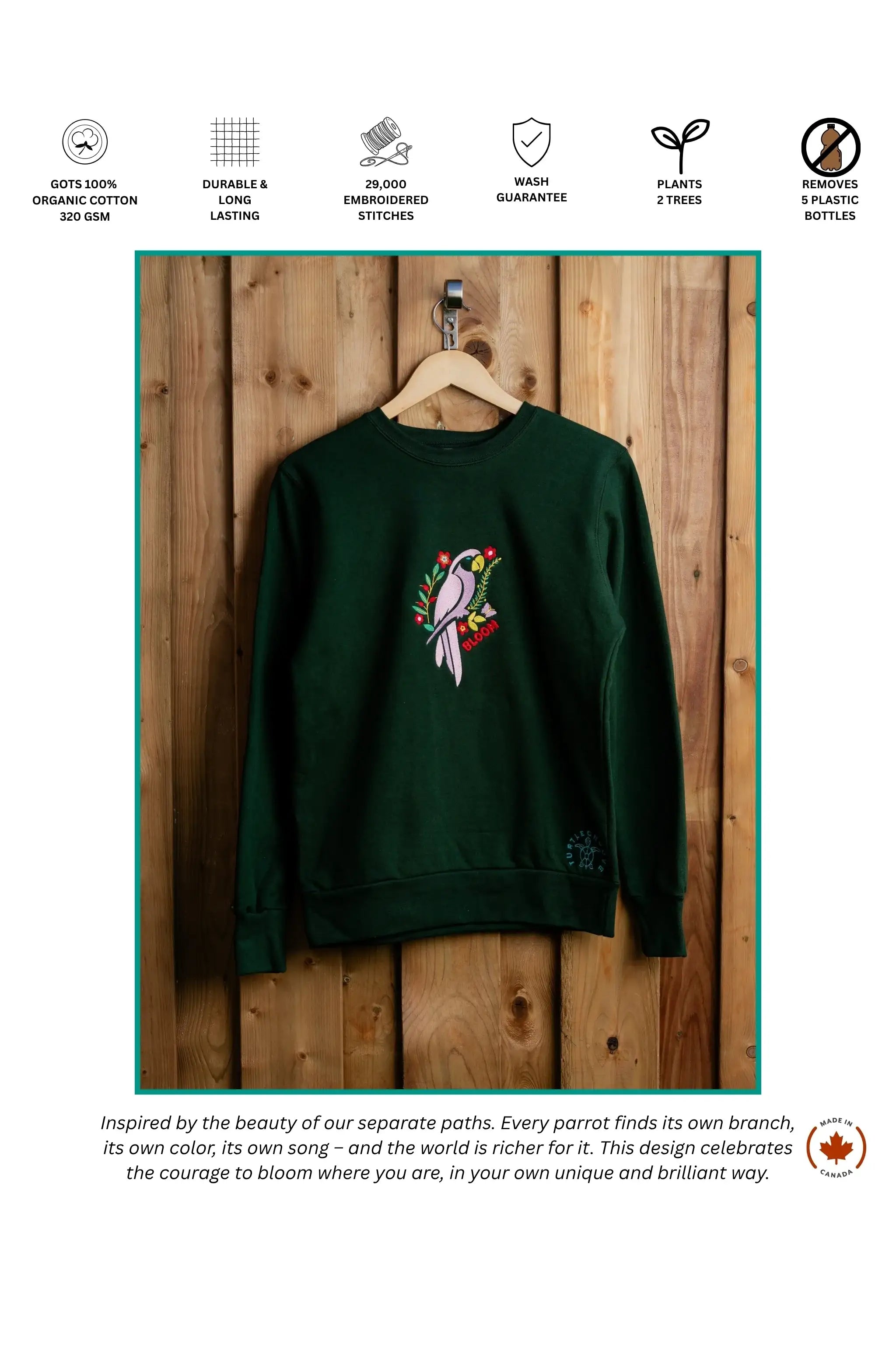 Bloom Parrot embroidered sweatshirt by TURTLEGROOVE – feature highlights, organic cotton, Made in Canada