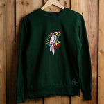 BloomParrot embroidered sweatshirt by TURTLEGROOVE – front view, forest green