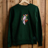 BloomParrot embroidered sweatshirt by TURTLEGROOVE – front view, forest green