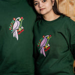 BloomParrot embroidered sweatshirt by TURTLEGROOVE – second model view, forest green