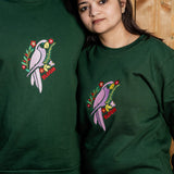 BloomParrot embroidered sweatshirt by TURTLEGROOVE – second model view, forest green