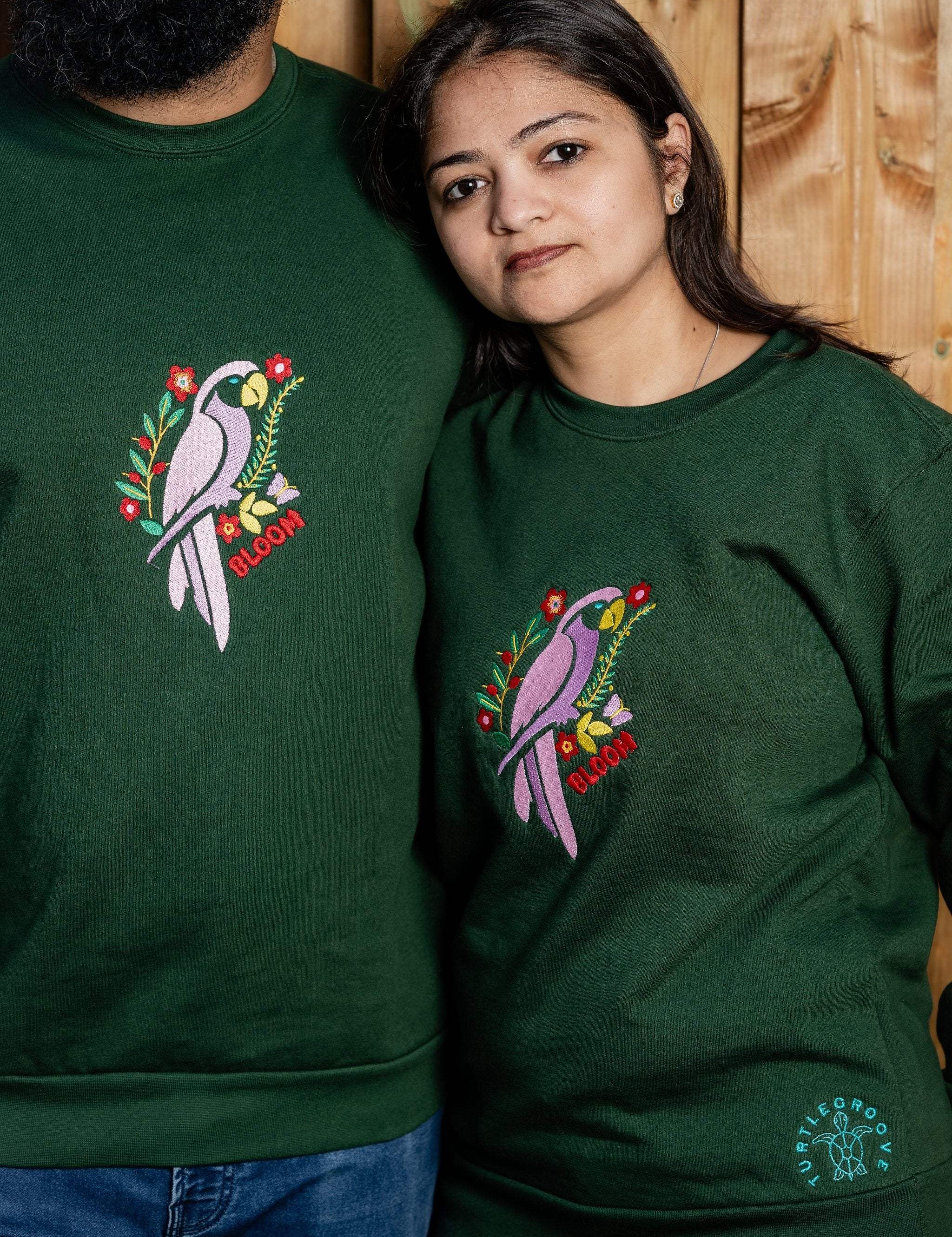 BloomParrot embroidered sweatshirt by TURTLEGROOVE – second model view, forest green