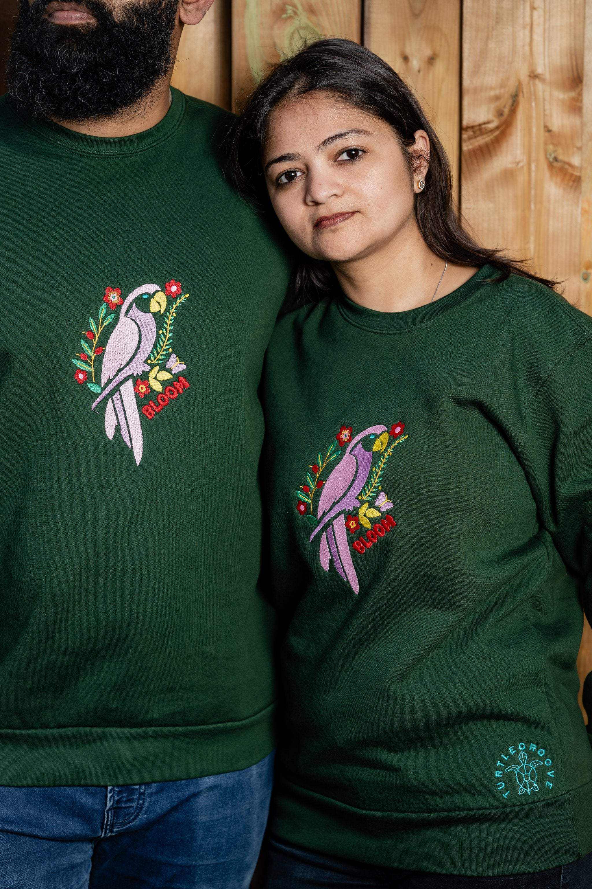 BloomParrot embroidered sweatshirt by TURTLEGROOVE – second model view, forest green