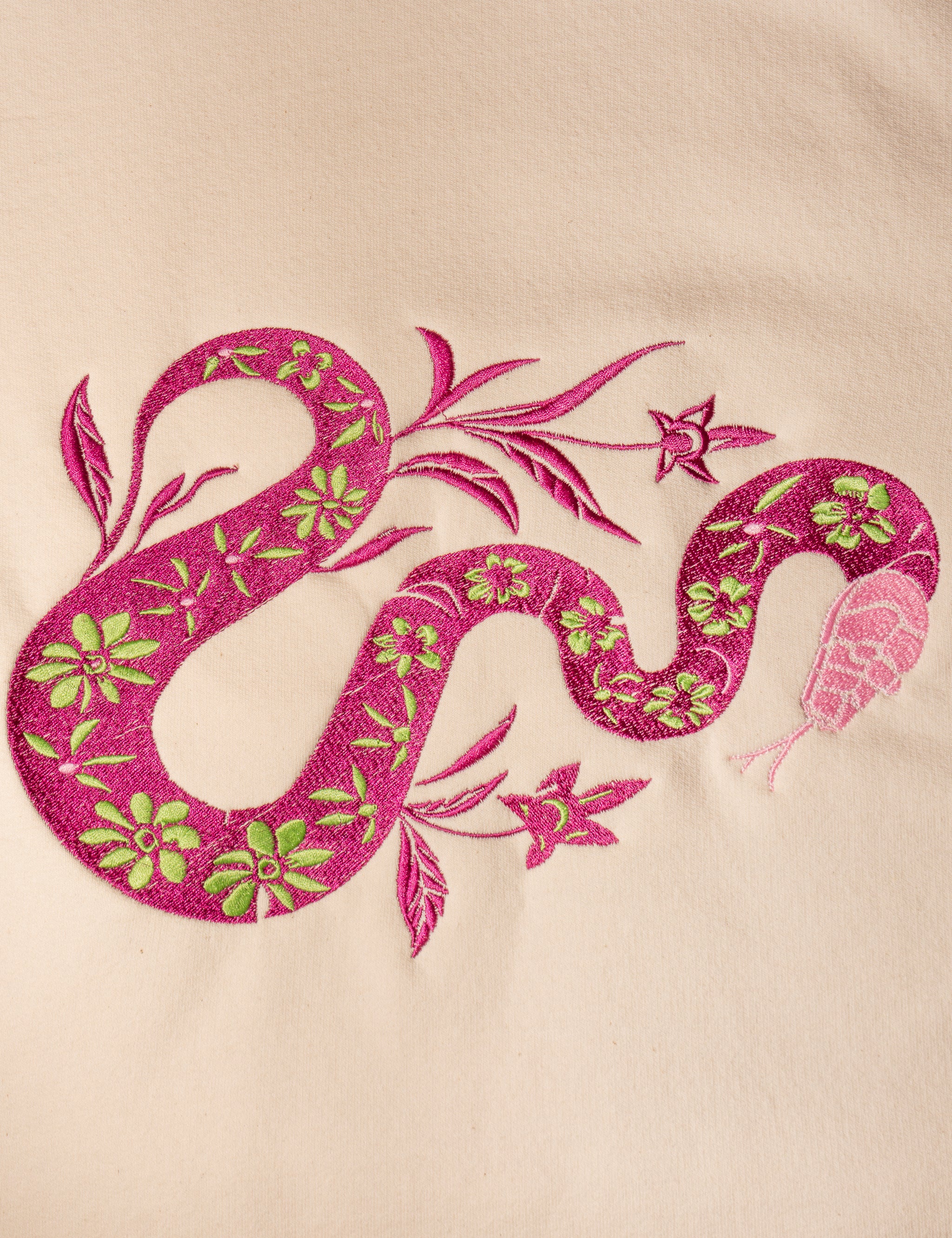 Snake Purple embroidered sweatshirt by TURTLEGROOVE – embroidery close-up detail, Natural