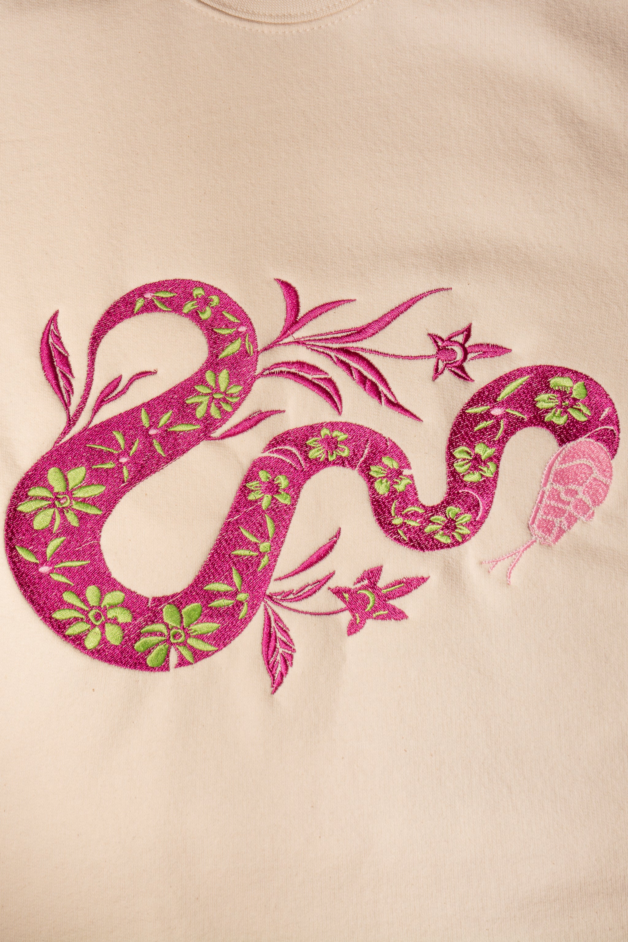 Snake Purple embroidered sweatshirt by TURTLEGROOVE – embroidery close-up detail, Natural