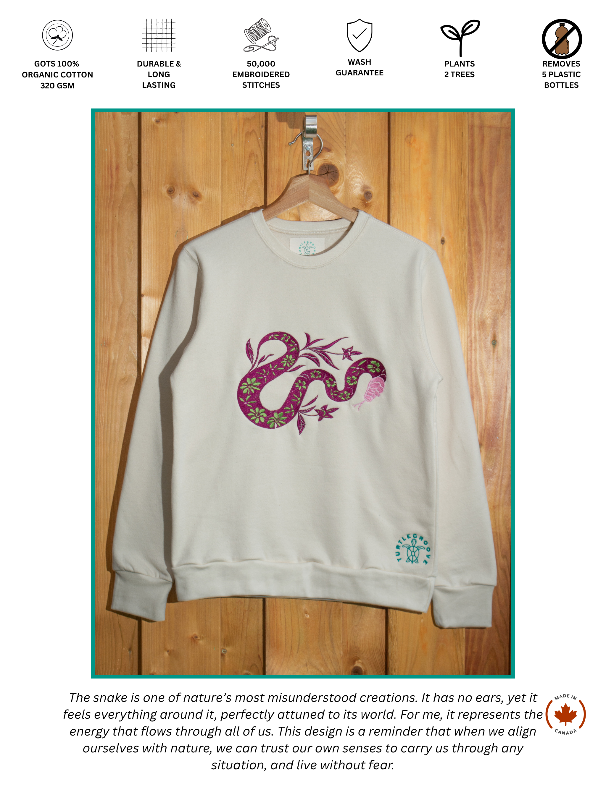 Snake Purple embroidered sweatshirt by TURTLEGROOVE – feature highlights, organic cotton, Made in Canada
