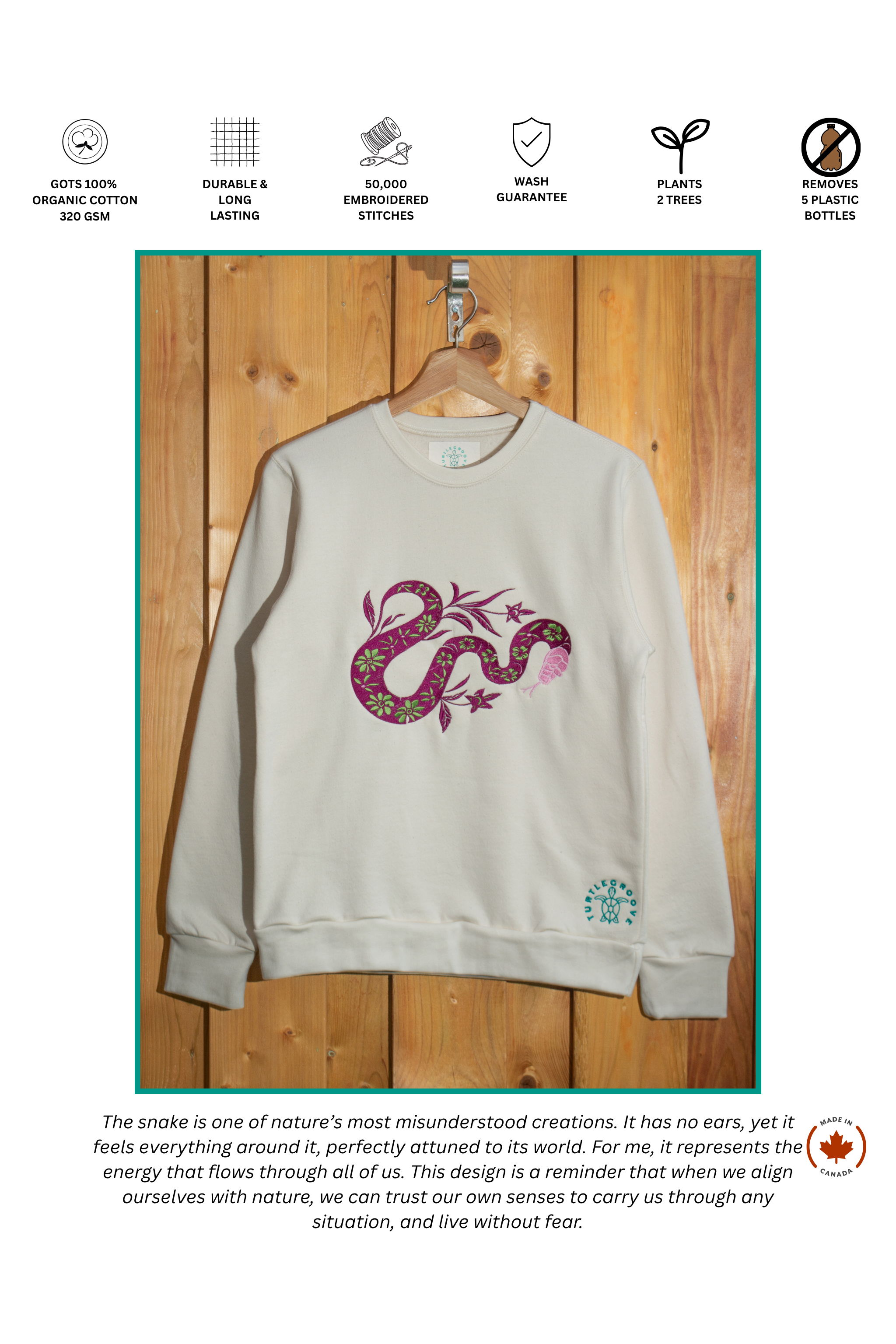 Snake Purple embroidered sweatshirt by TURTLEGROOVE – feature highlights, organic cotton, Made in Canada