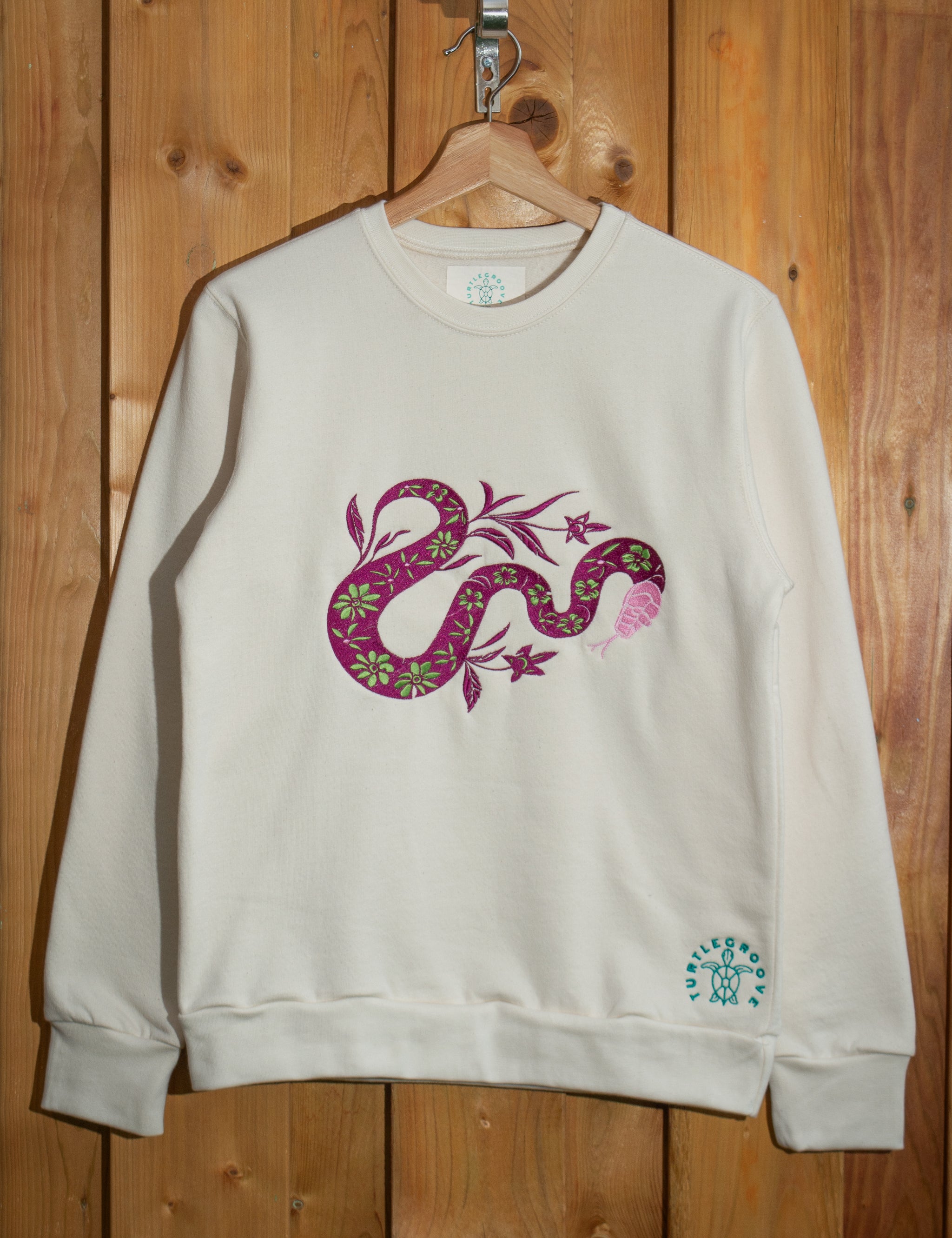 Snake Purple embroidered sweatshirt by TURTLEGROOVE – front view, Natural