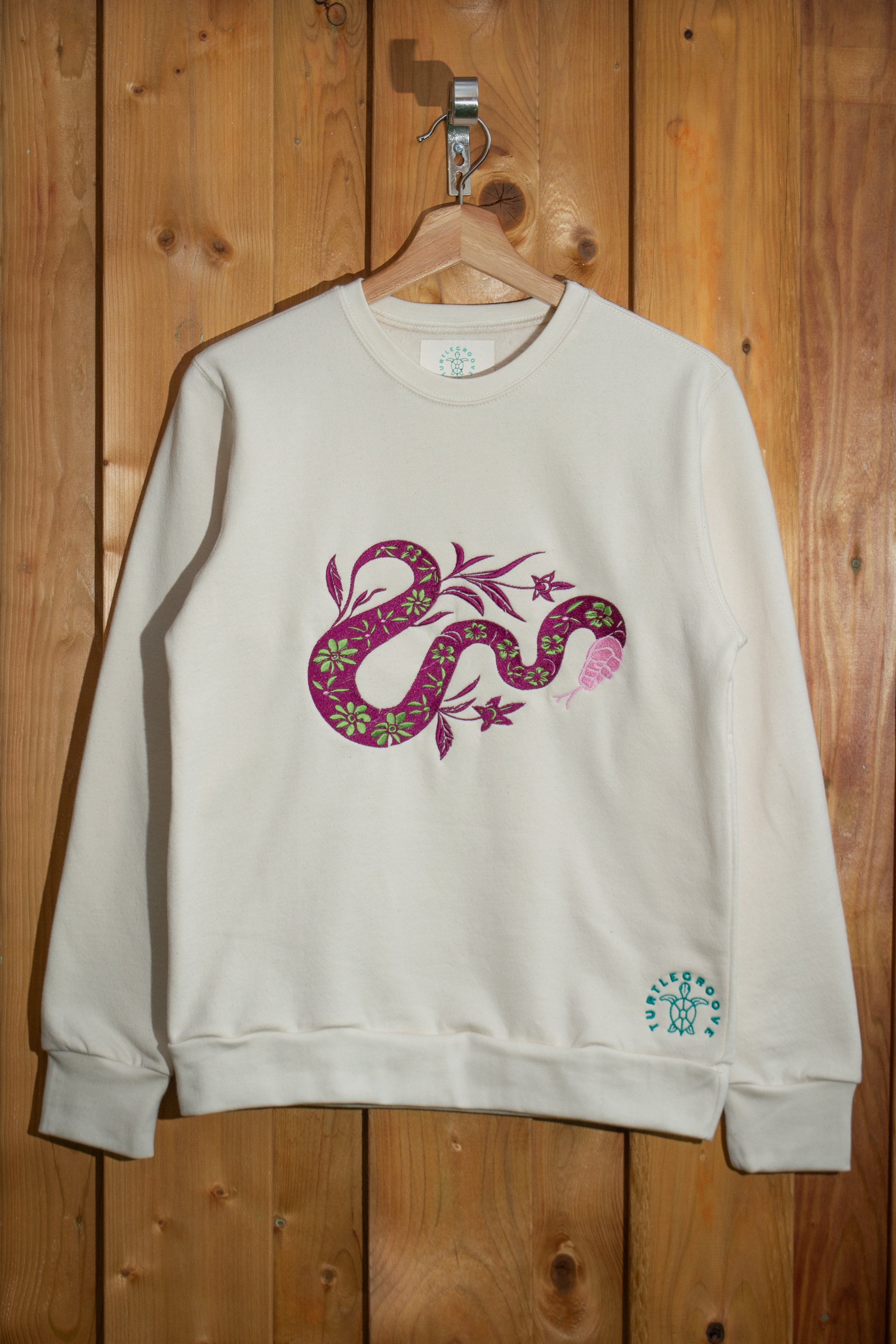 Snake Purple embroidered sweatshirt by TURTLEGROOVE – front view, Natural