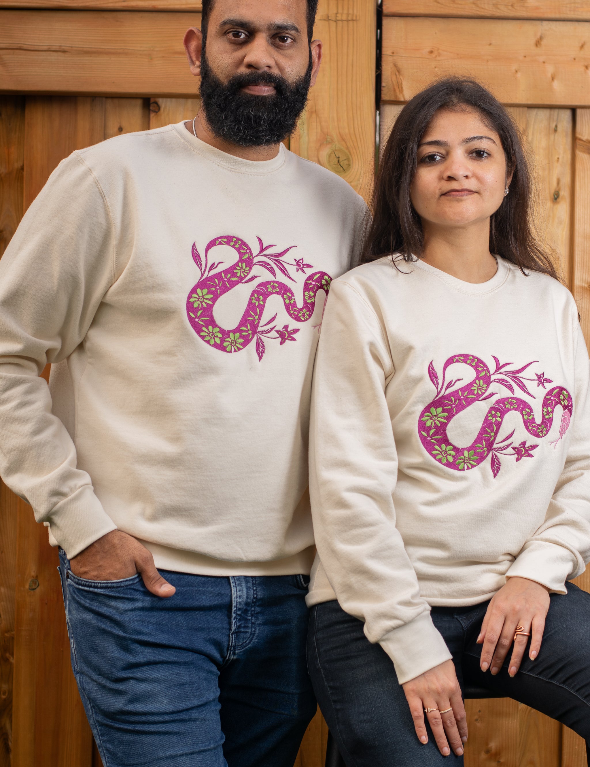 Snake Purple embroidered sweatshirt by TURTLEGROOVE – model wearing, Natural