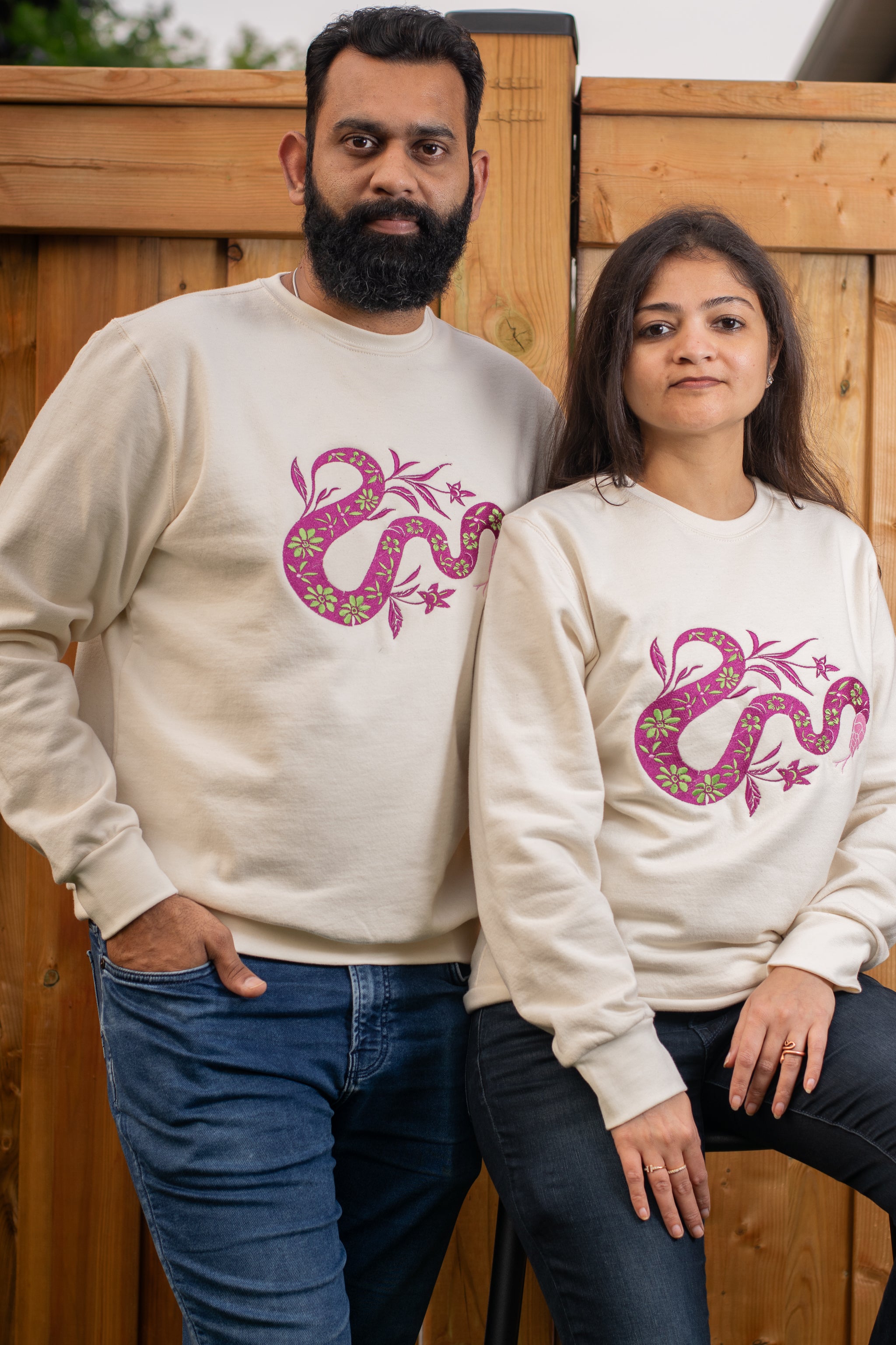 Snake Purple embroidered sweatshirt by TURTLEGROOVE – model wearing, Natural