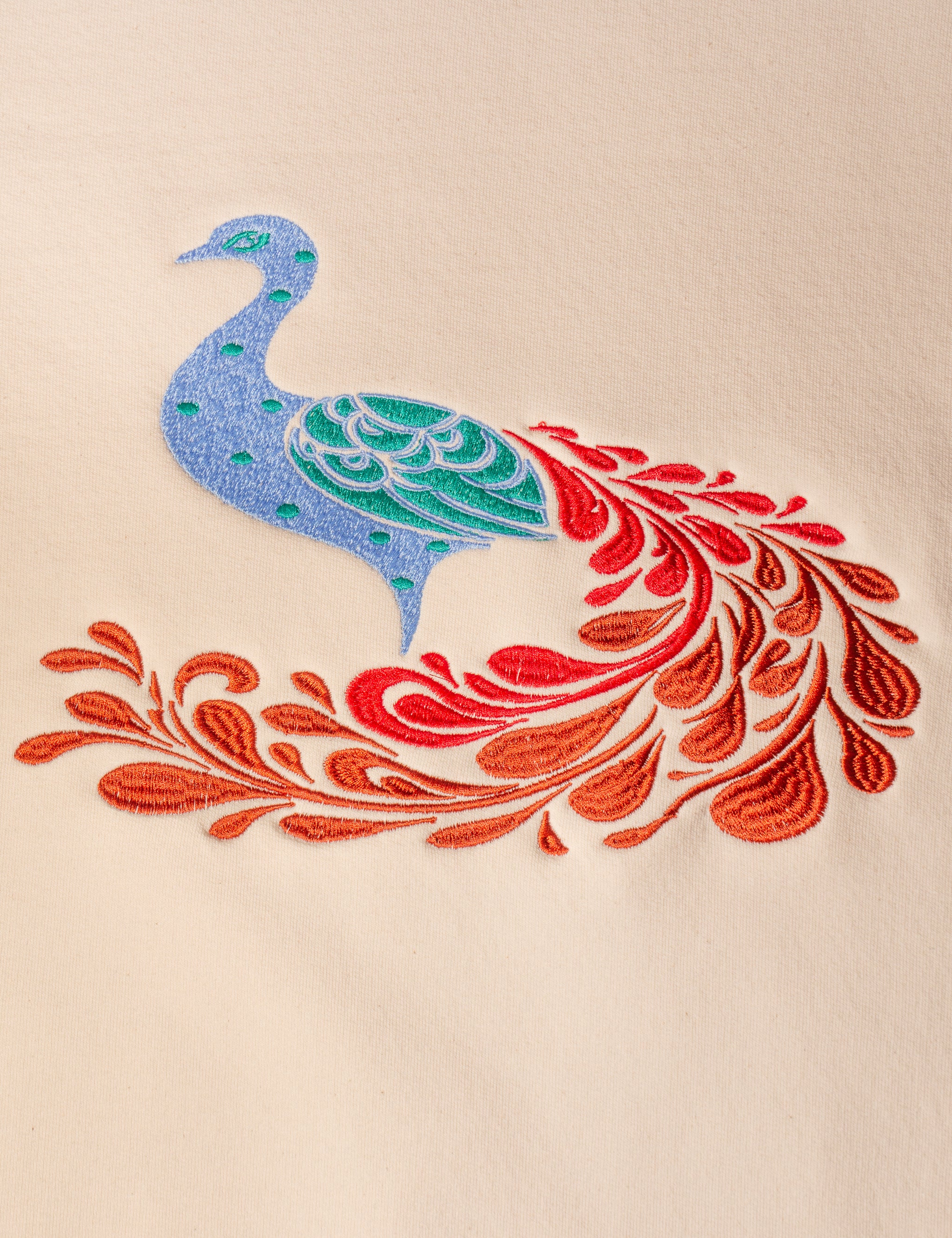 Peacock embroidered sweatshirt by TURTLEGROOVE – embroidery close-up detail, Natural