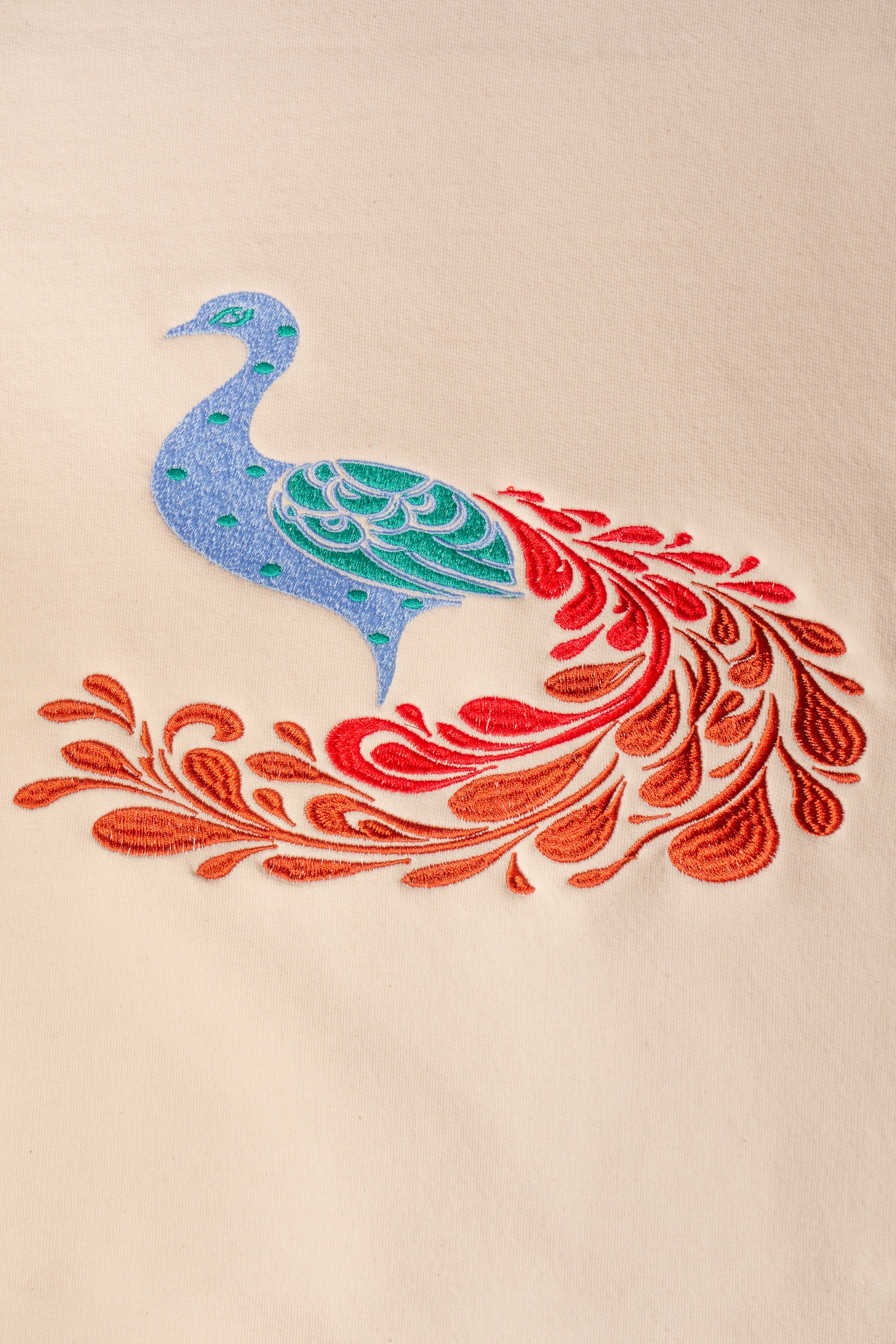 Peacock embroidered sweatshirt by TURTLEGROOVE – embroidery close-up detail, Natural