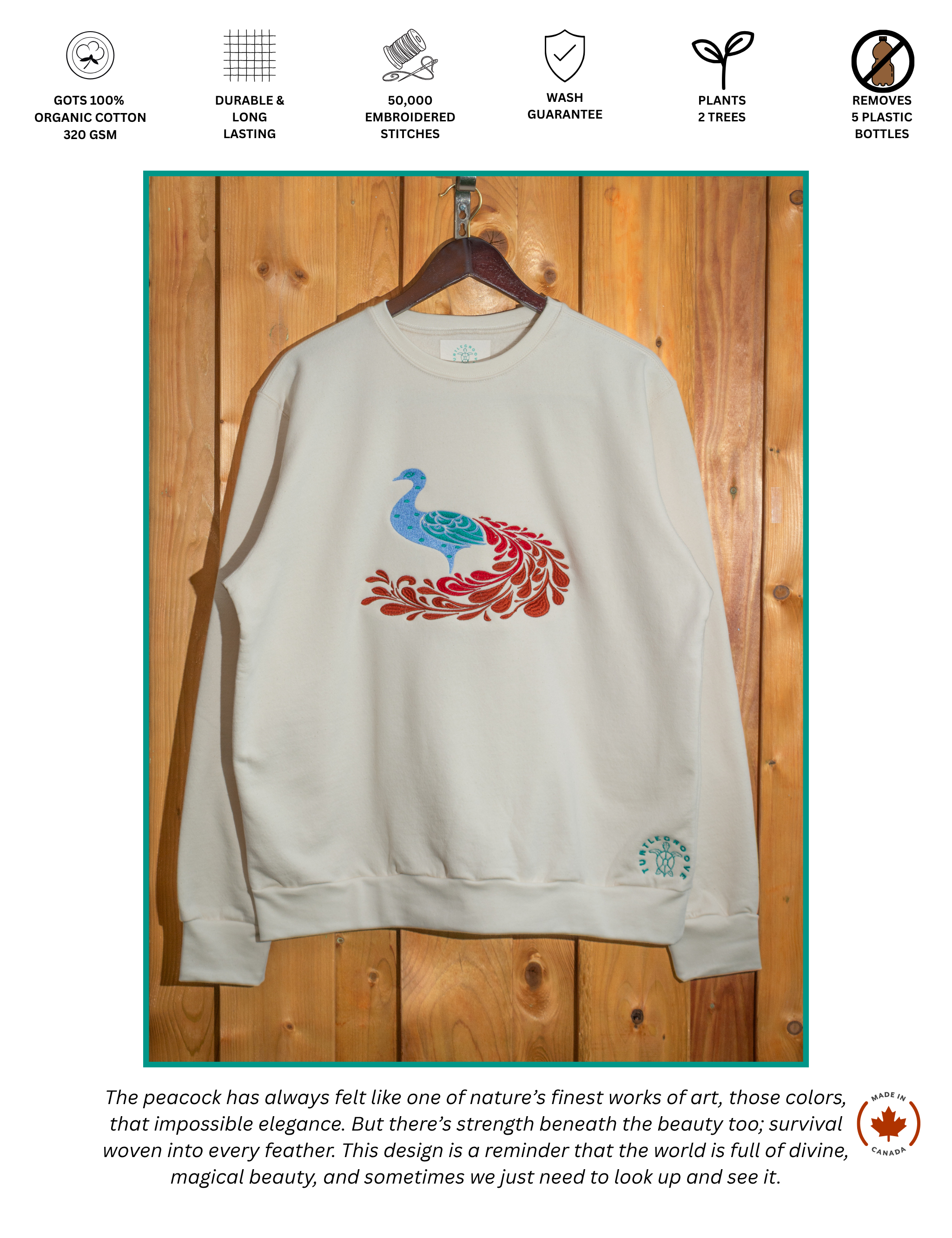 Peacock embroidered sweatshirt by TURTLEGROOVE – feature highlights, organic cotton, Made in Canada