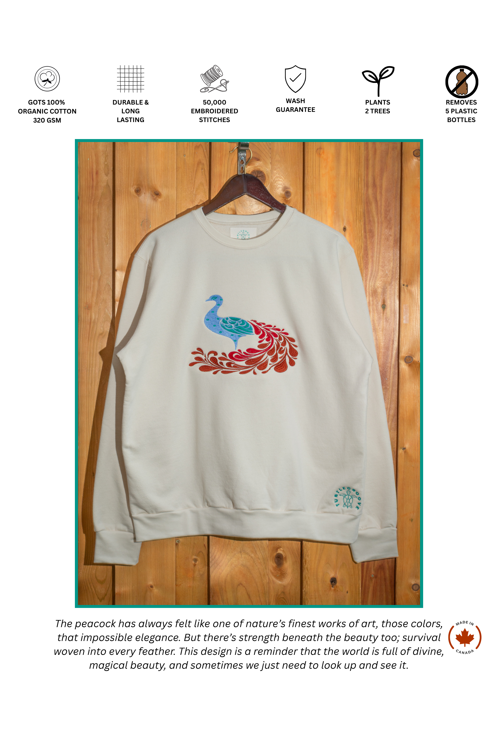 Peacock embroidered sweatshirt by TURTLEGROOVE – feature highlights, organic cotton, Made in Canada