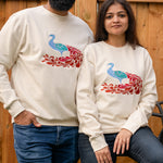 Peacock embroidered sweatshirt by TURTLEGROOVE – model wearing, Natural