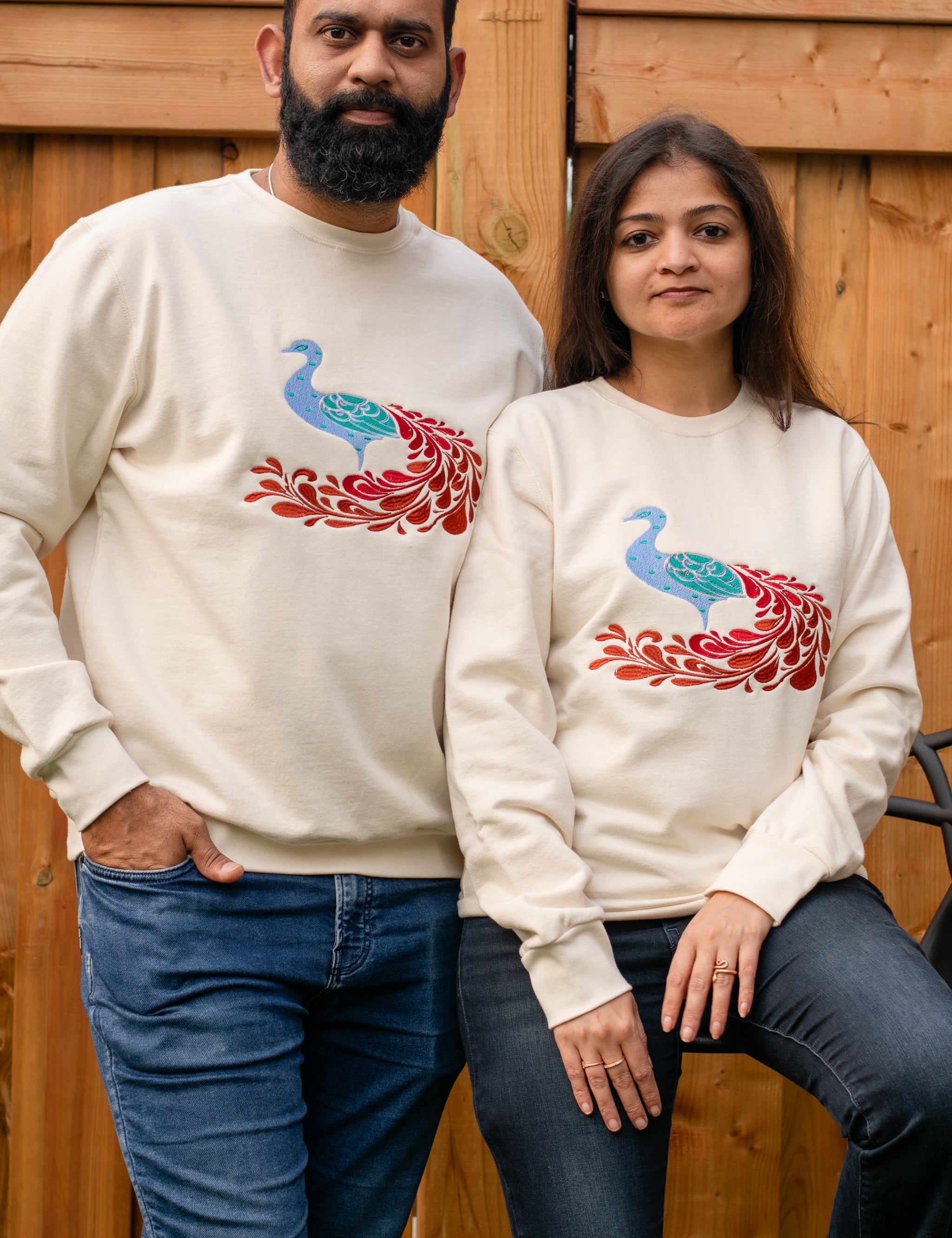 Peacock embroidered sweatshirt by TURTLEGROOVE – model wearing, Natural