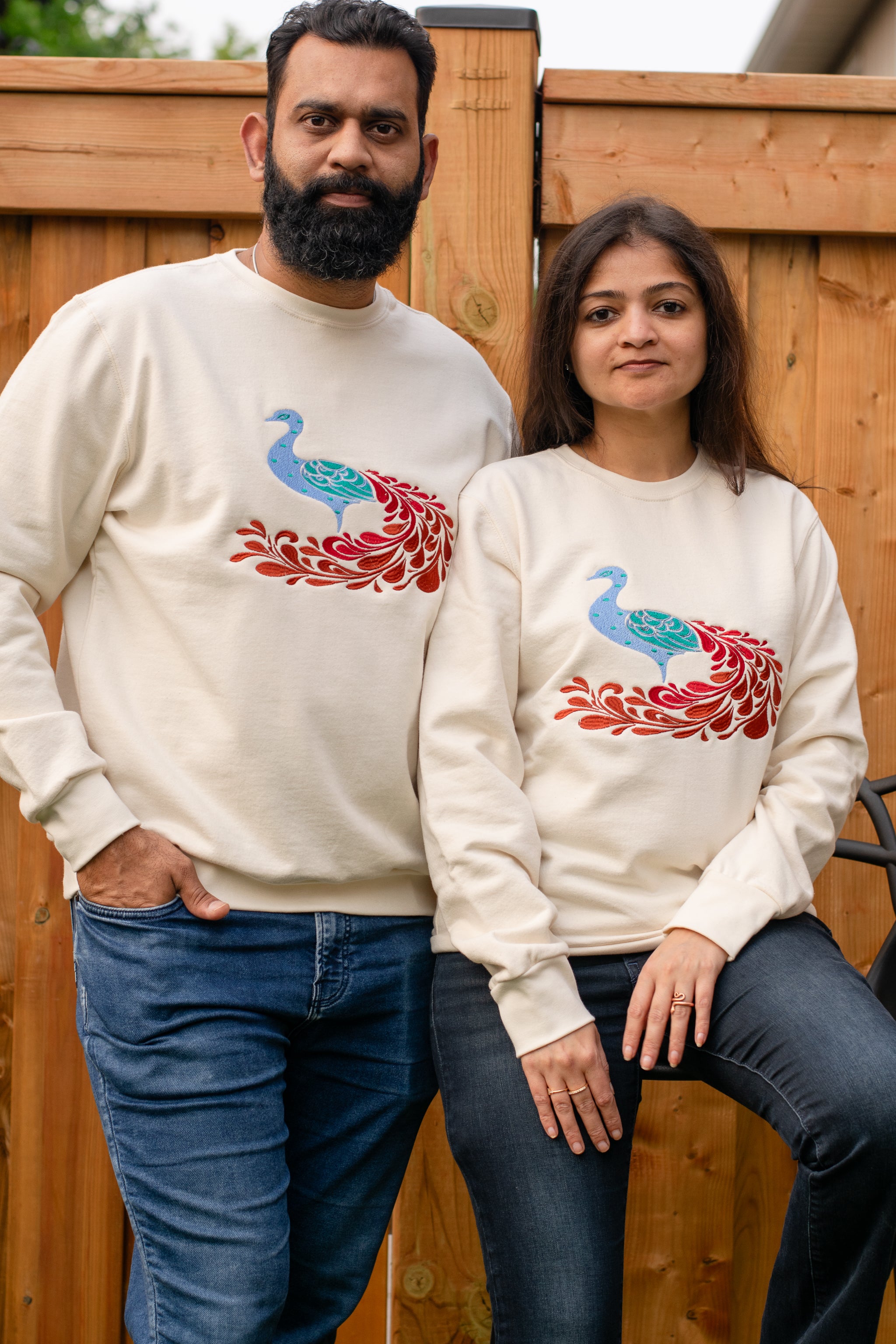 Peacock embroidered sweatshirt by TURTLEGROOVE – model wearing, Natural