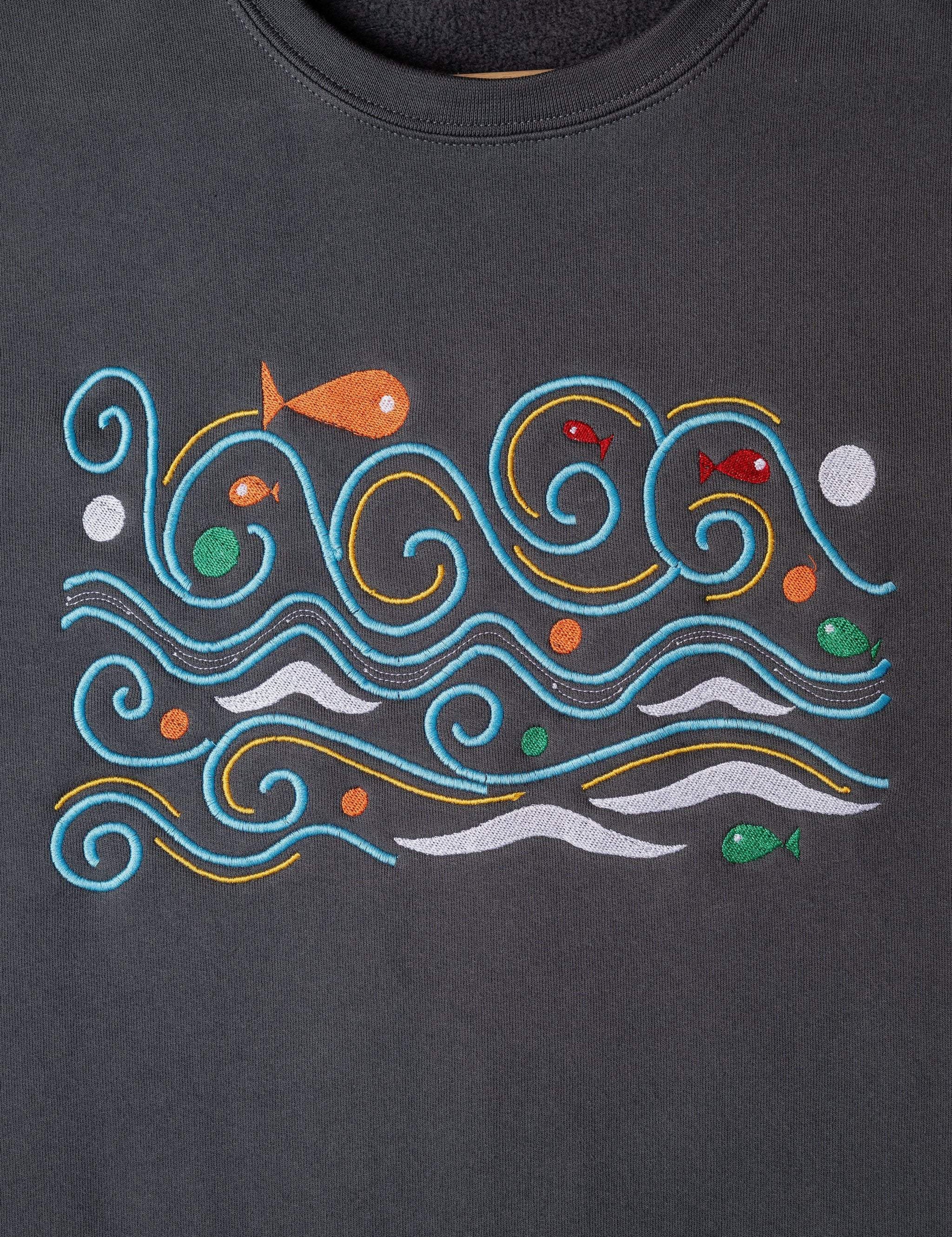 Waves embroidered sweatshirt by TURTLEGROOVE – embroidery close-up detail, oil grey
