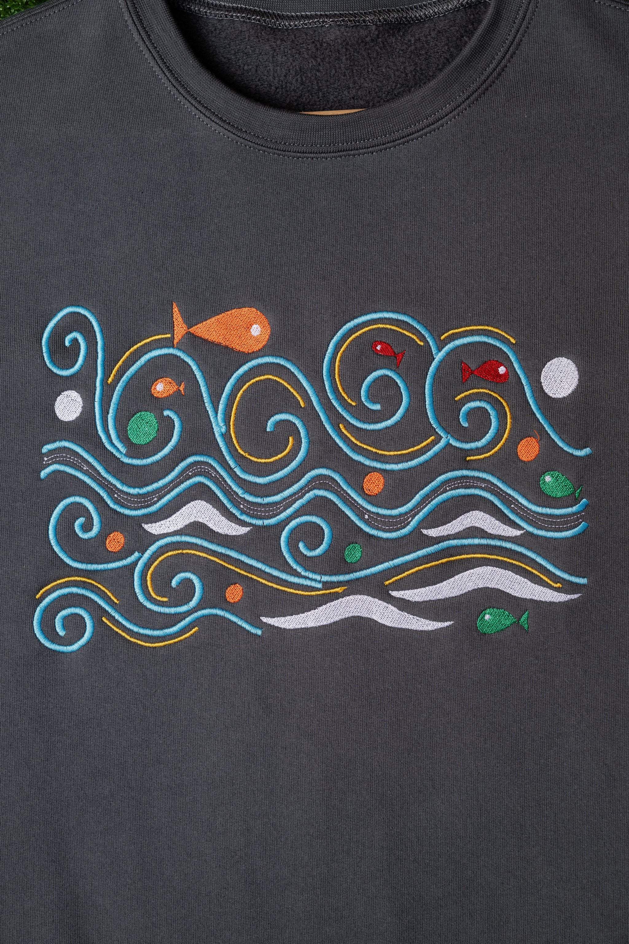 Waves embroidered sweatshirt by TURTLEGROOVE – embroidery close-up detail, oil grey