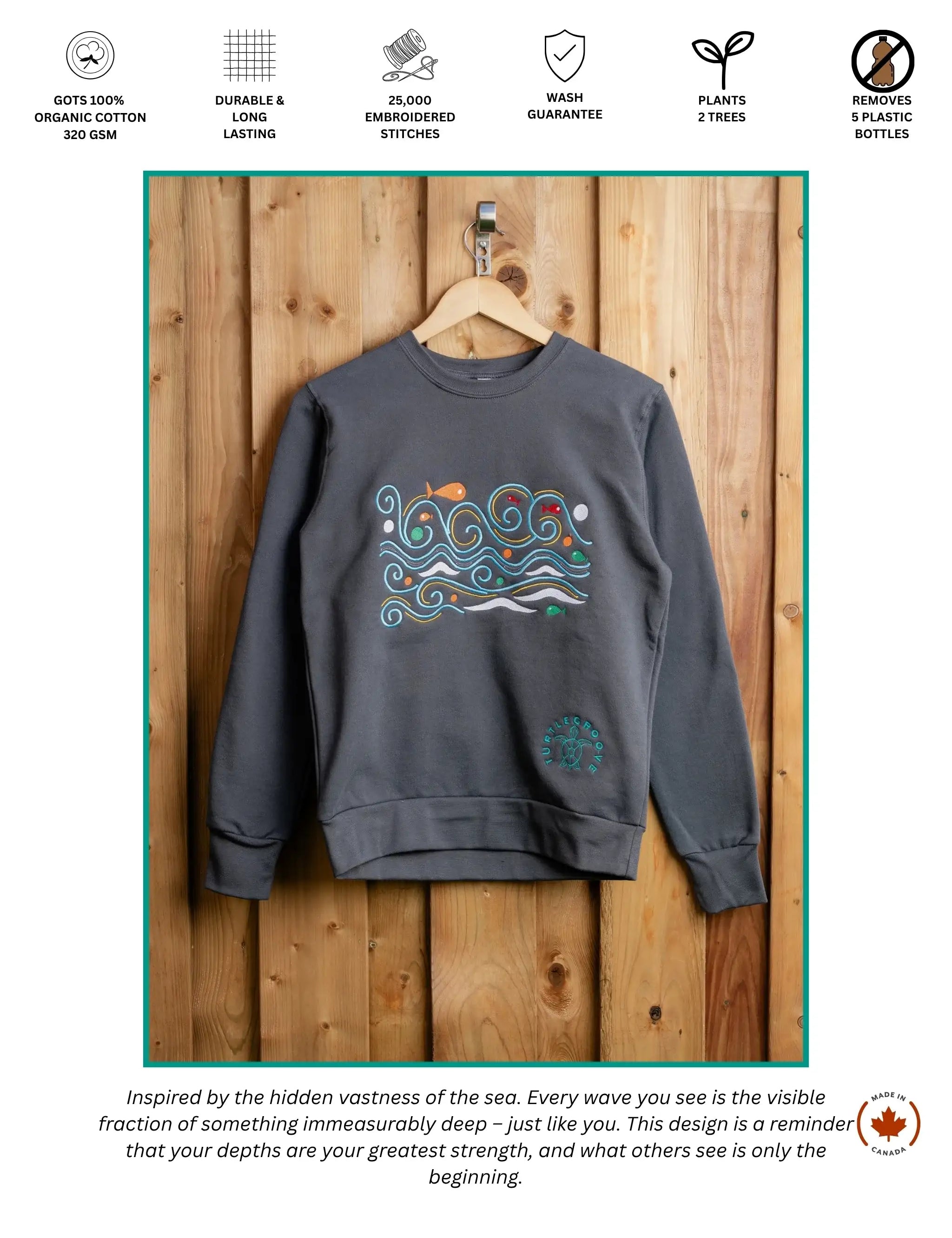 Waves embroidered sweatshirt by TURTLEGROOVE – feature highlights, organic cotton, Made in Canada