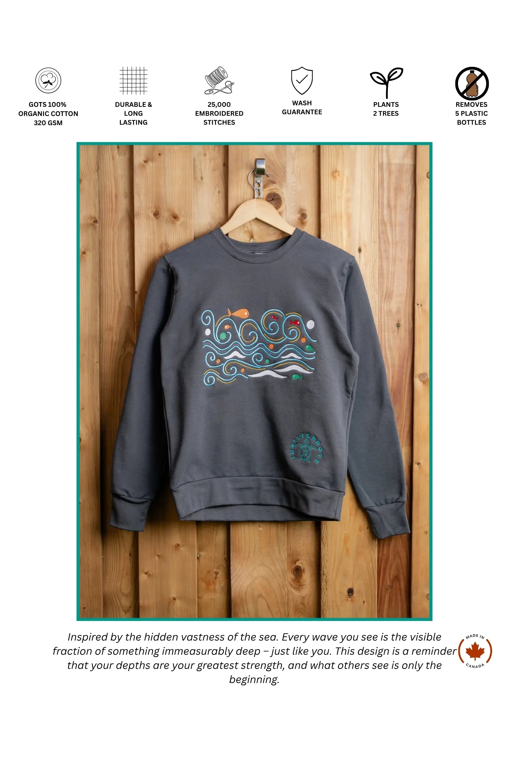 Waves embroidered sweatshirt by TURTLEGROOVE – feature highlights, organic cotton, Made in Canada