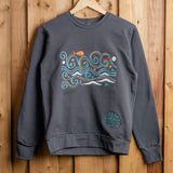 Waves embroidered sweatshirt by TURTLEGROOVE – front view, oil grey