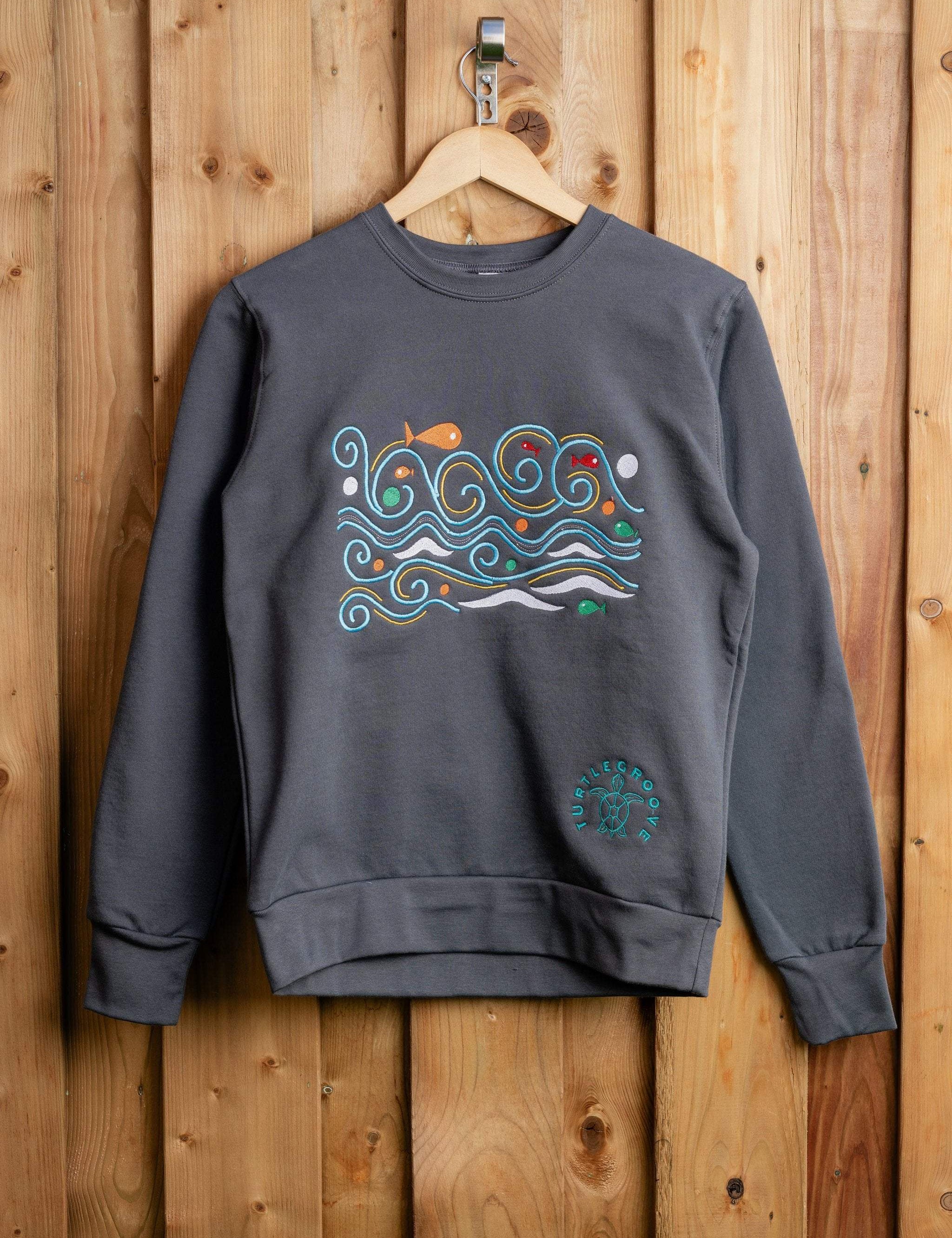 Waves embroidered sweatshirt by TURTLEGROOVE – front view, oil grey