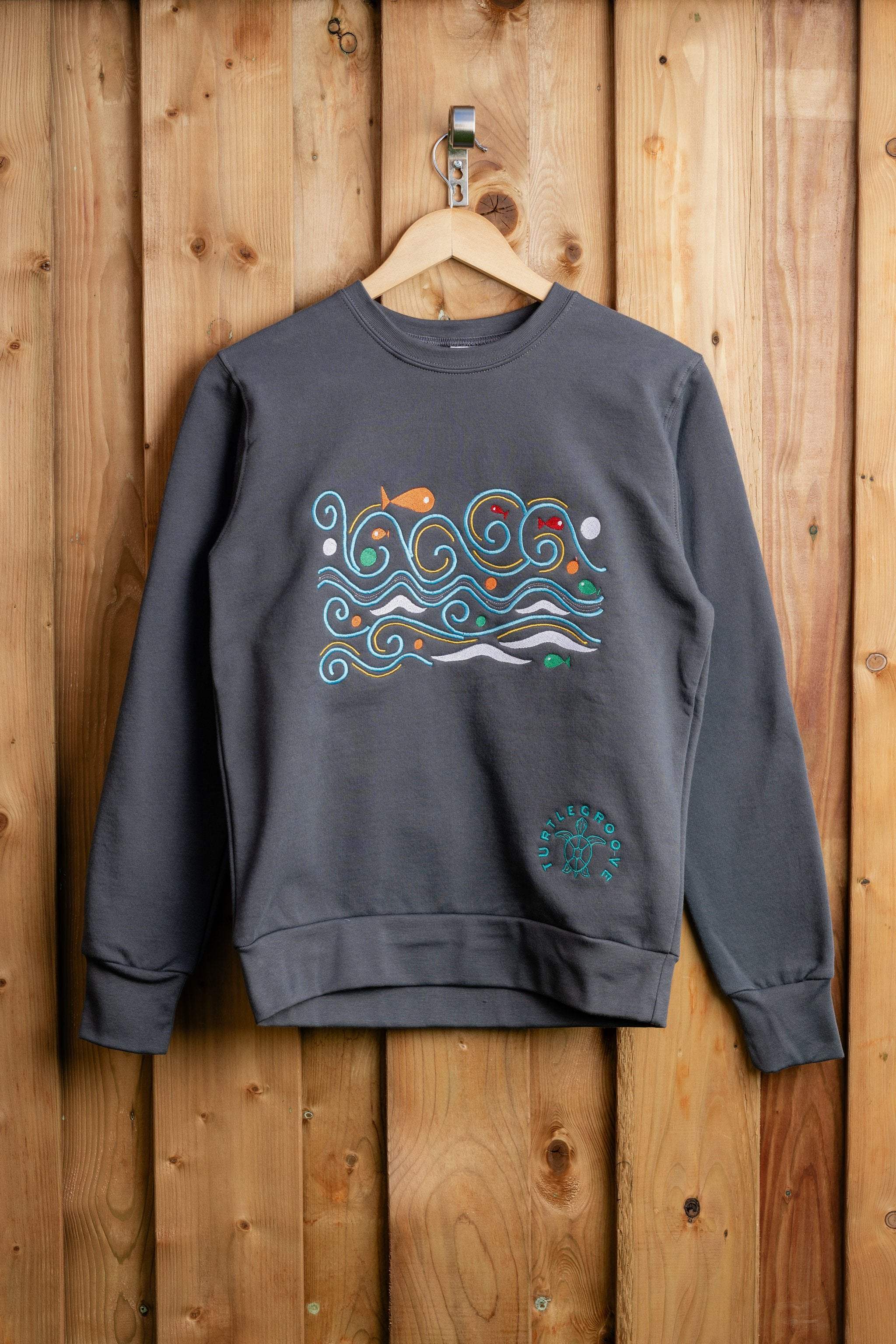 Waves embroidered sweatshirt by TURTLEGROOVE – front view, oil grey
