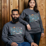 Waves embroidered sweatshirt by TURTLEGROOVE – model wearing, oil grey