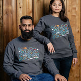 Waves embroidered sweatshirt by TURTLEGROOVE – model wearing, oil grey