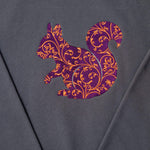 PurpleSquirrel embroidered sweatshirt by TURTLEGROOVE – embroidery close-up detail, oil grey