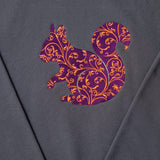PurpleSquirrel embroidered sweatshirt by TURTLEGROOVE – embroidery close-up detail, oil grey