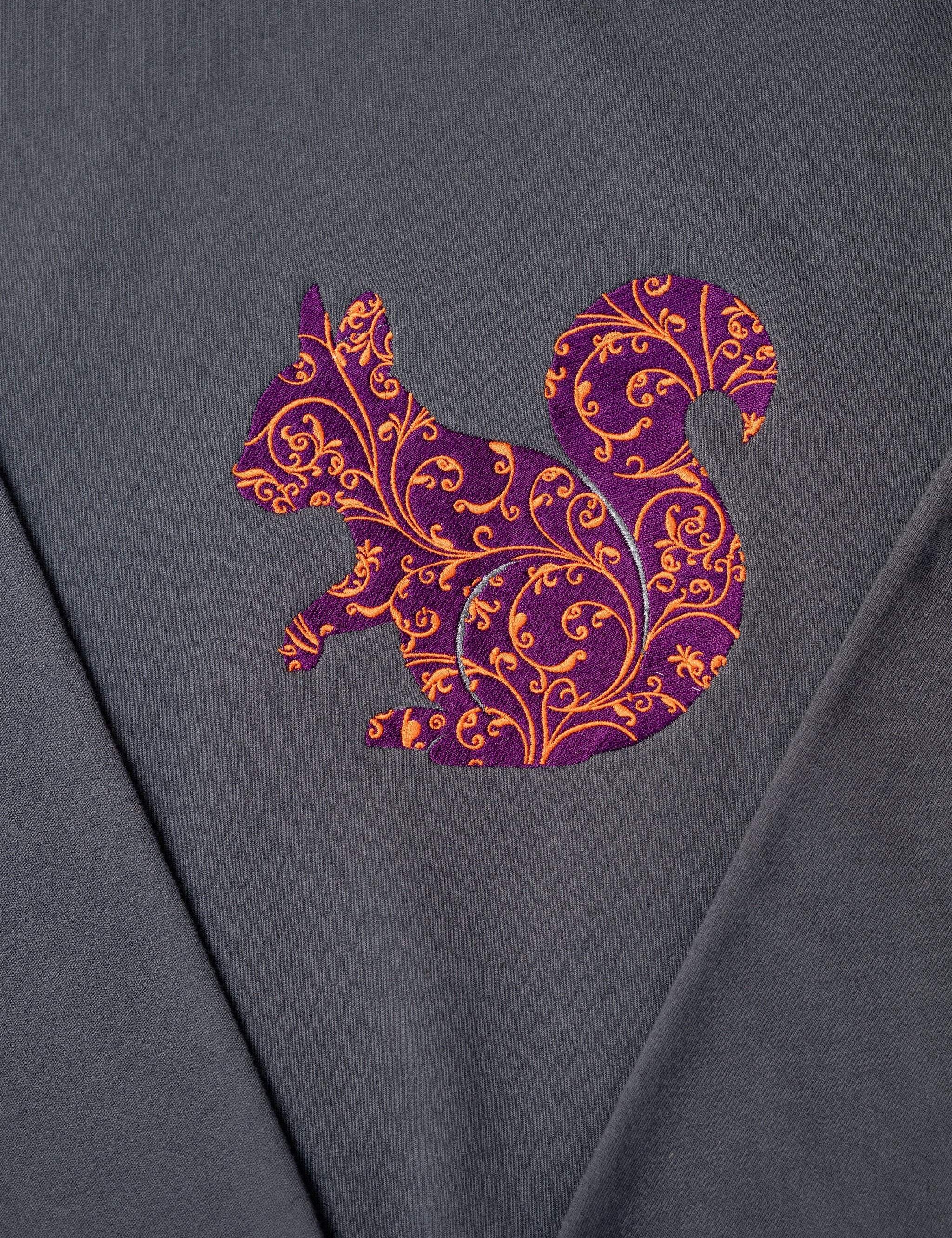 PurpleSquirrel embroidered sweatshirt by TURTLEGROOVE – embroidery close-up detail, oil grey