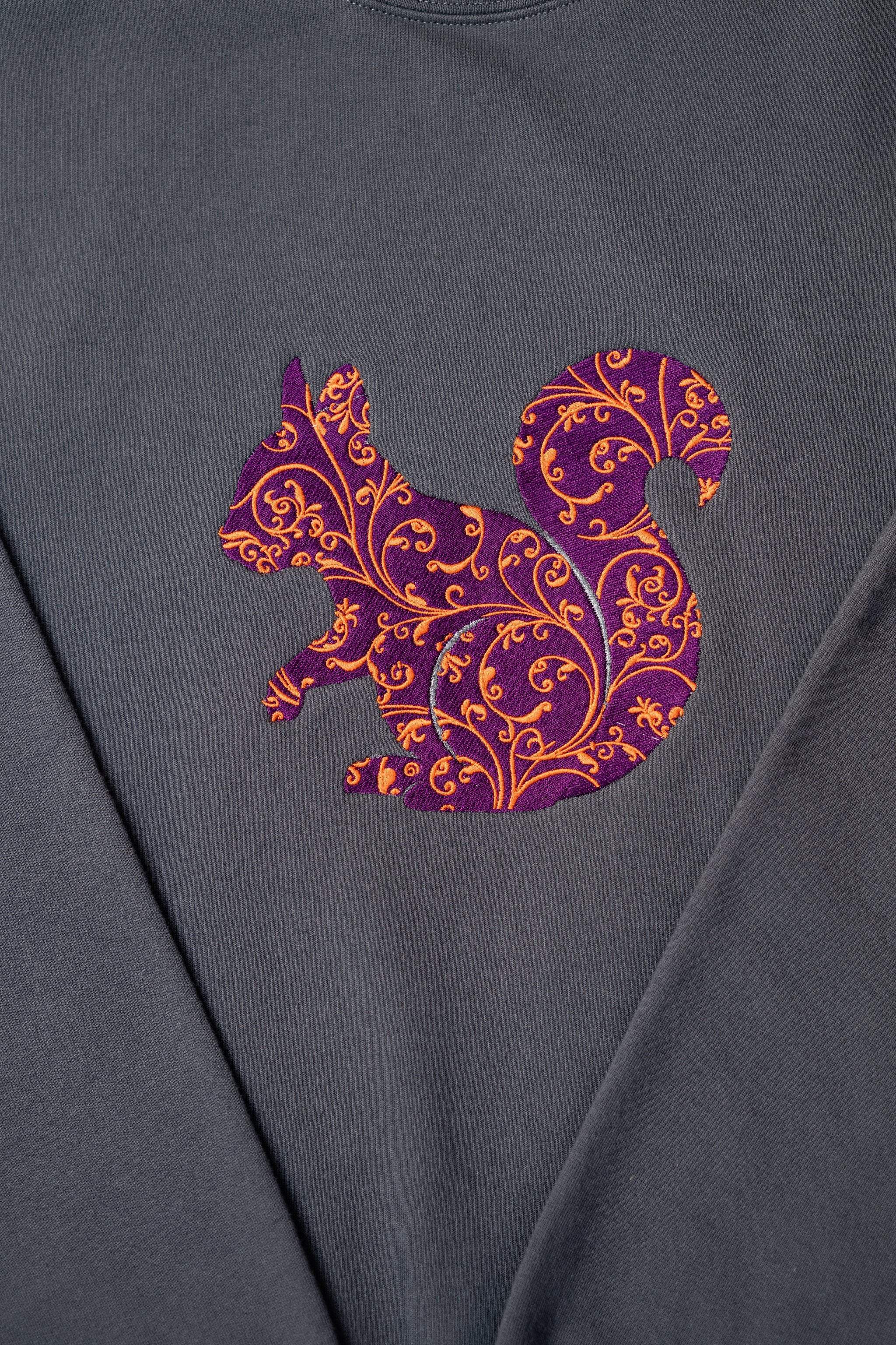 PurpleSquirrel embroidered sweatshirt by TURTLEGROOVE – embroidery close-up detail, oil grey