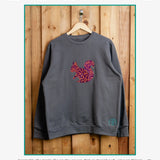 Purple Squirrel embroidered sweatshirt by TURTLEGROOVE – feature highlights, organic cotton, Made in Canada