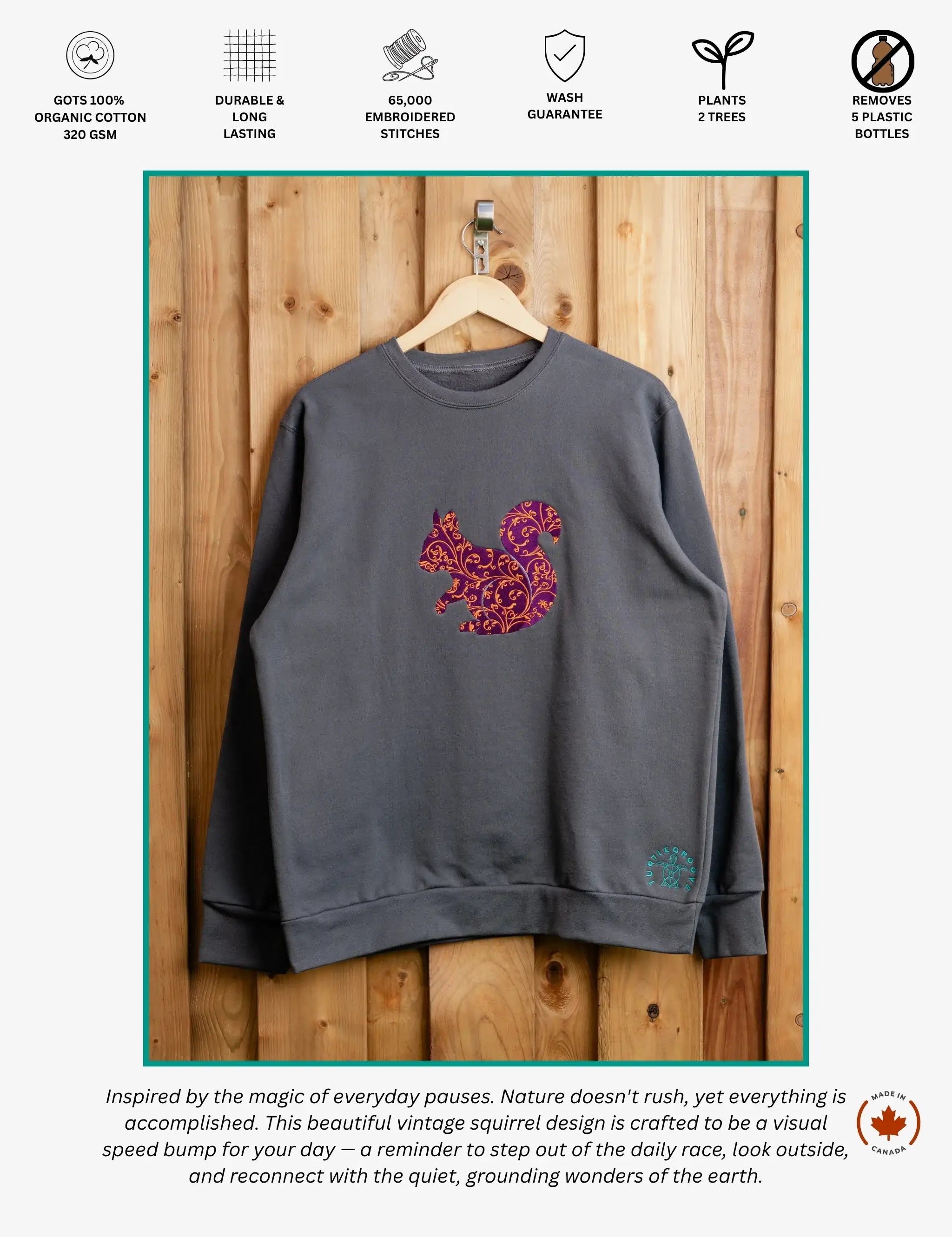 Purple Squirrel embroidered sweatshirt by TURTLEGROOVE – feature highlights, organic cotton, Made in Canada