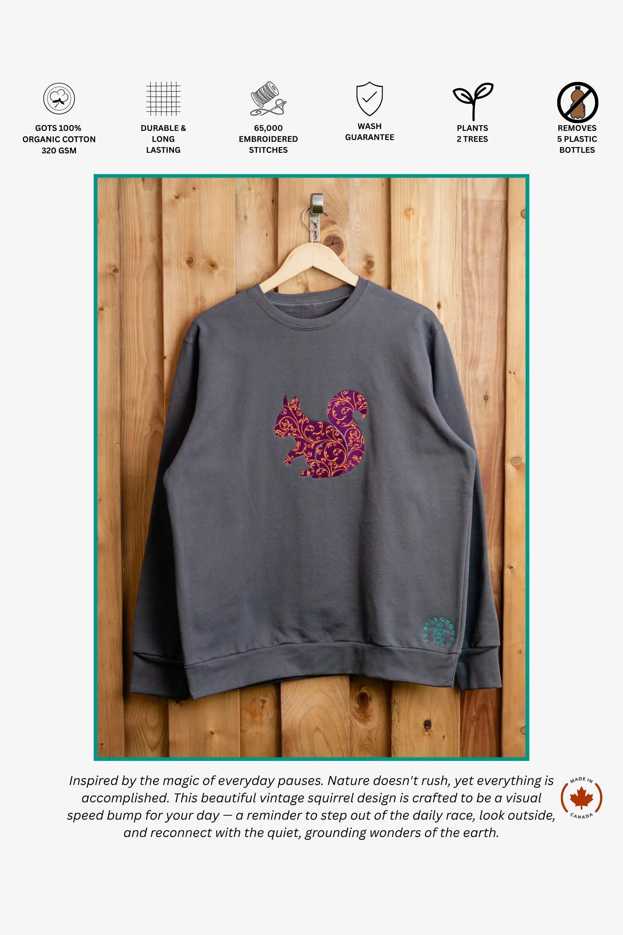 Purple Squirrel embroidered sweatshirt by TURTLEGROOVE – feature highlights, organic cotton, Made in Canada