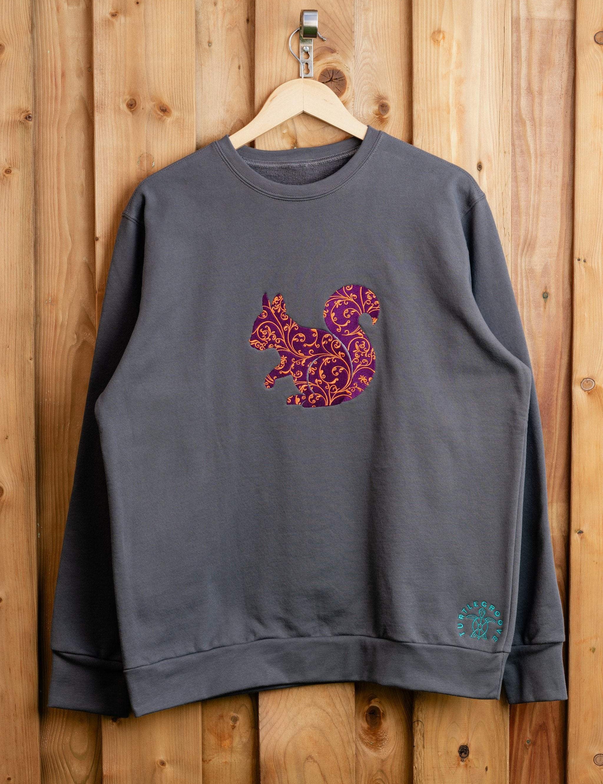 PurpleSquirrel embroidered sweatshirt by TURTLEGROOVE – front view, oil grey