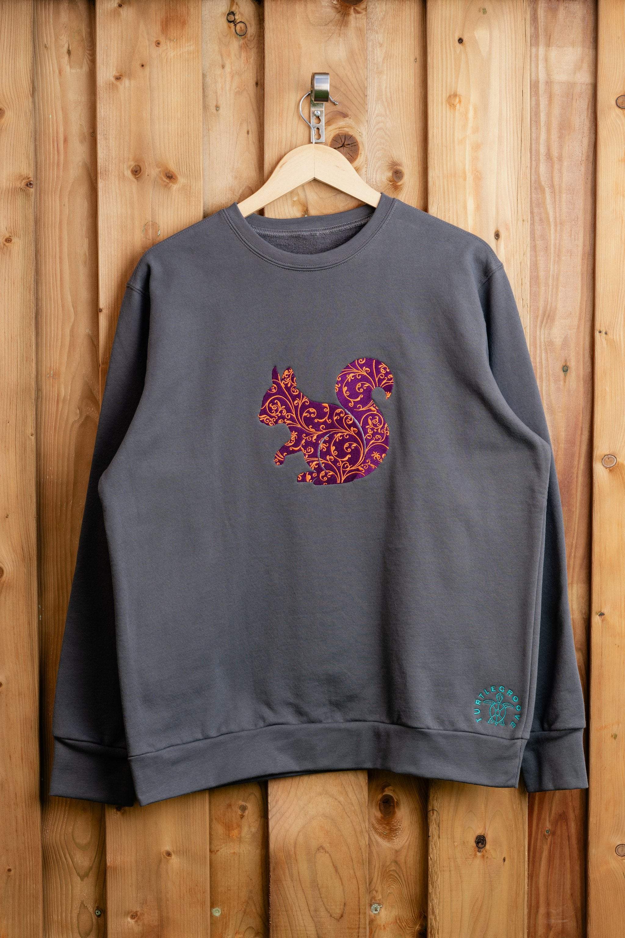 PurpleSquirrel embroidered sweatshirt by TURTLEGROOVE – front view, oil grey