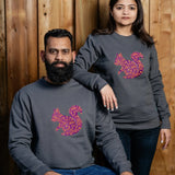 PurpleSquirrel embroidered sweatshirt by TURTLEGROOVE – model wearing, oil grey