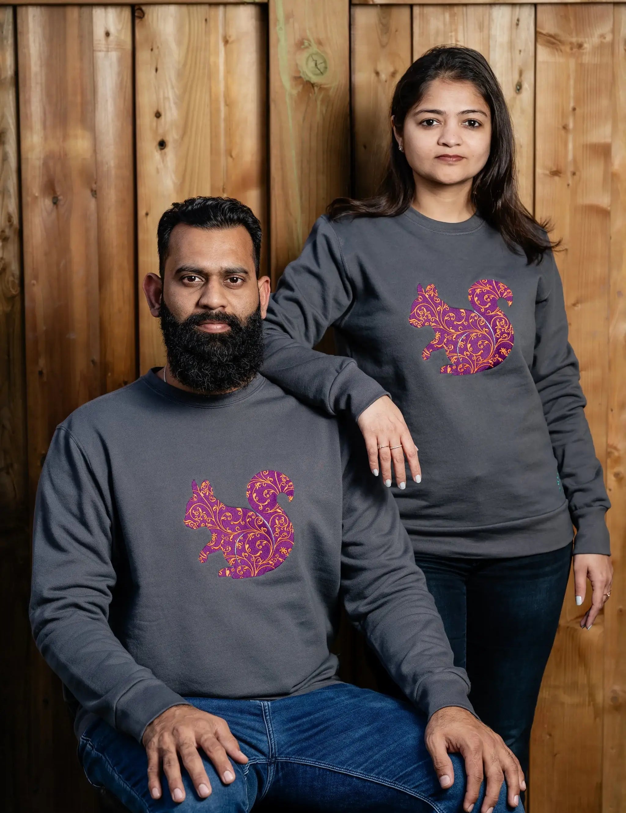 PurpleSquirrel embroidered sweatshirt by TURTLEGROOVE – model wearing, oil grey