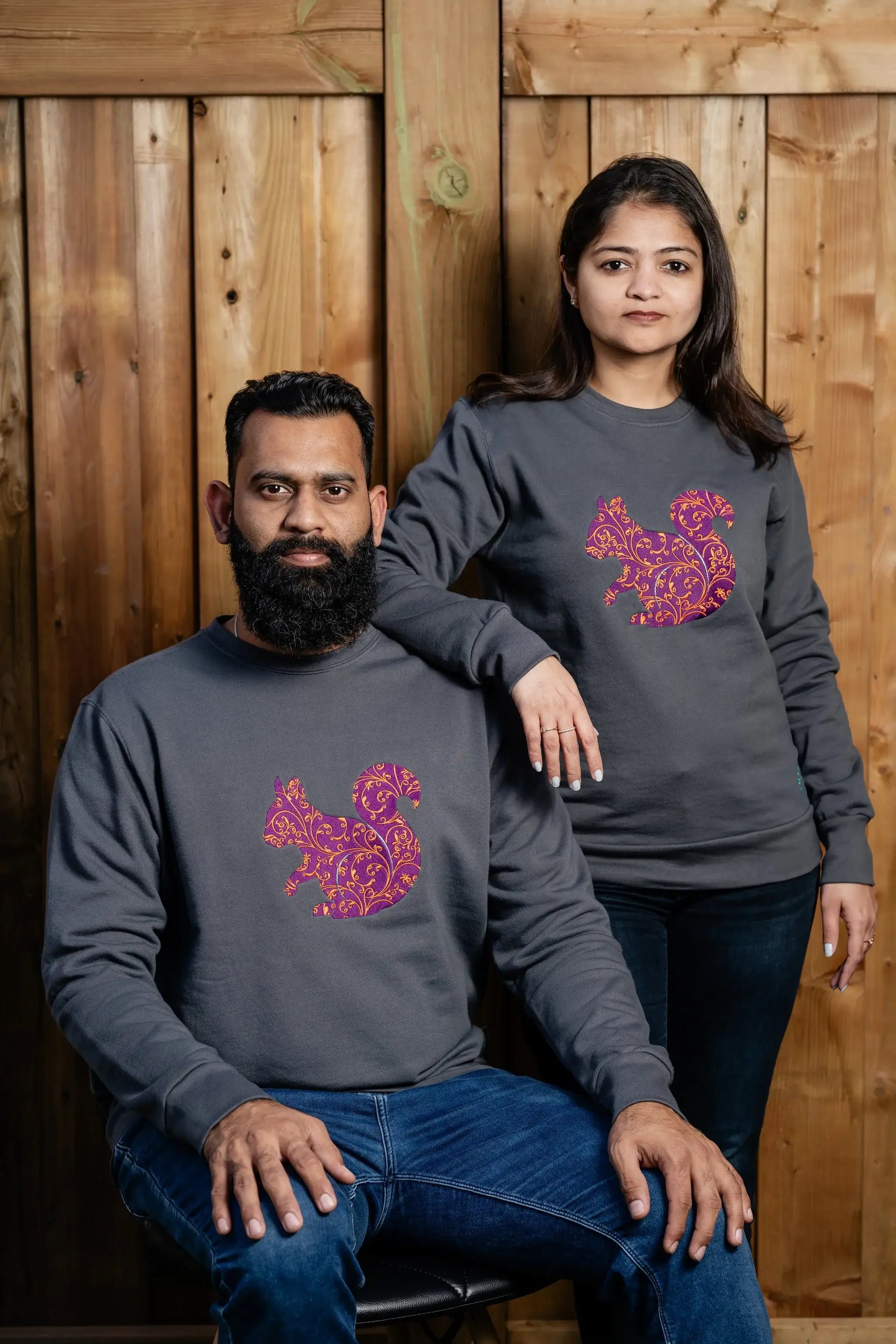 PurpleSquirrel embroidered sweatshirt by TURTLEGROOVE – model wearing, oil grey