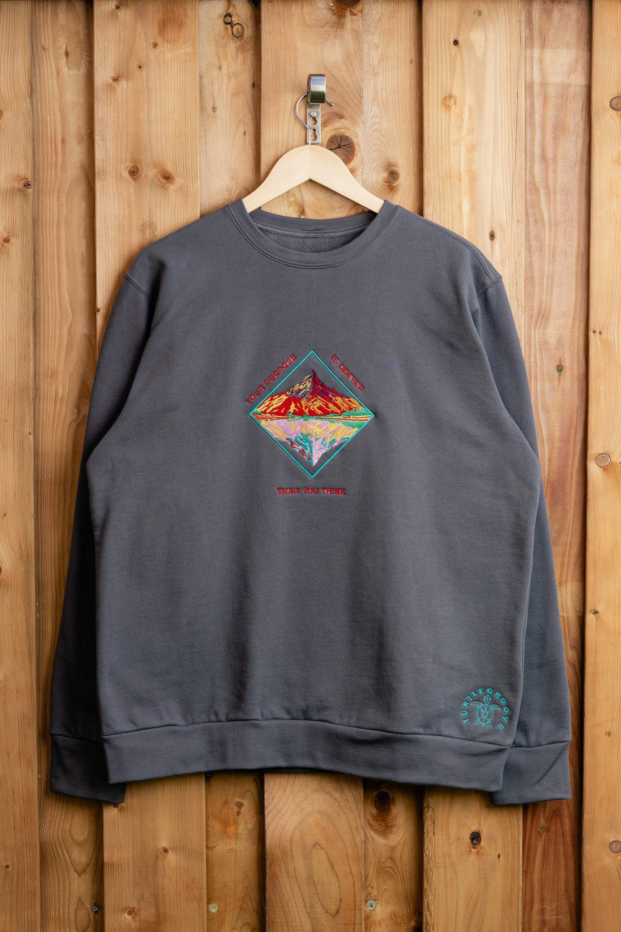 YourPurposeIsDeeper embroidered sweatshirt by TURTLEGROOVE – front view, oil grey